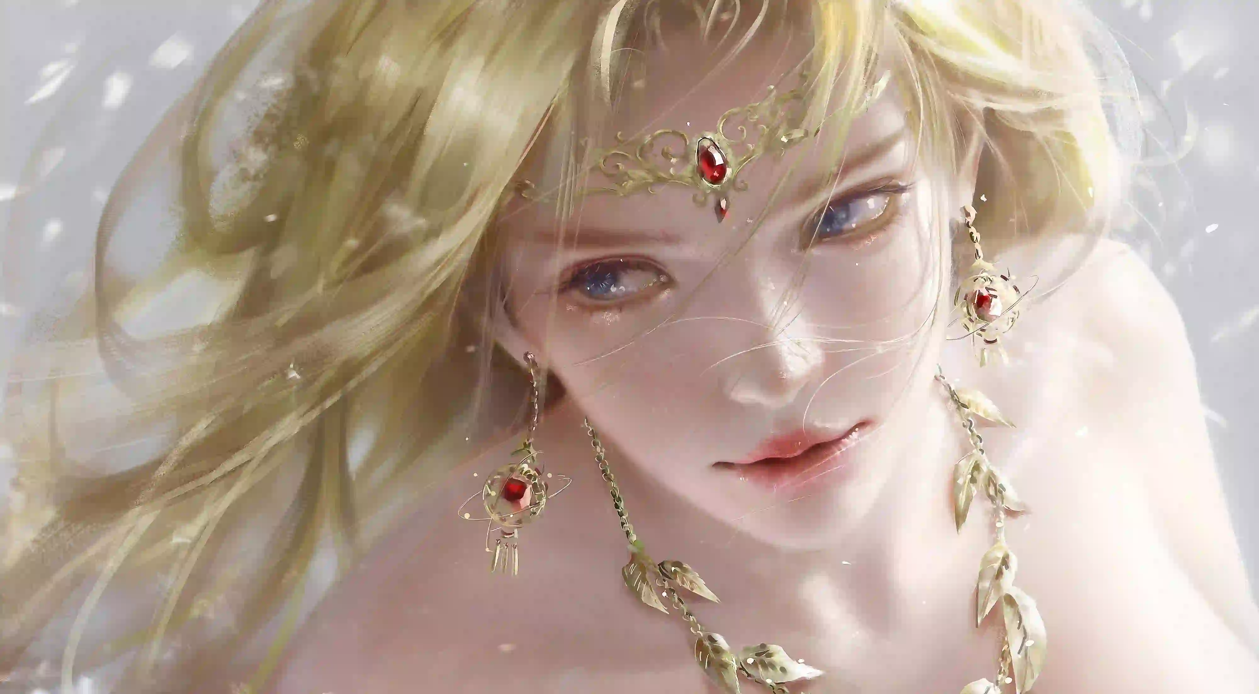 长发性感美女 金发 红色宝石 黄金项链