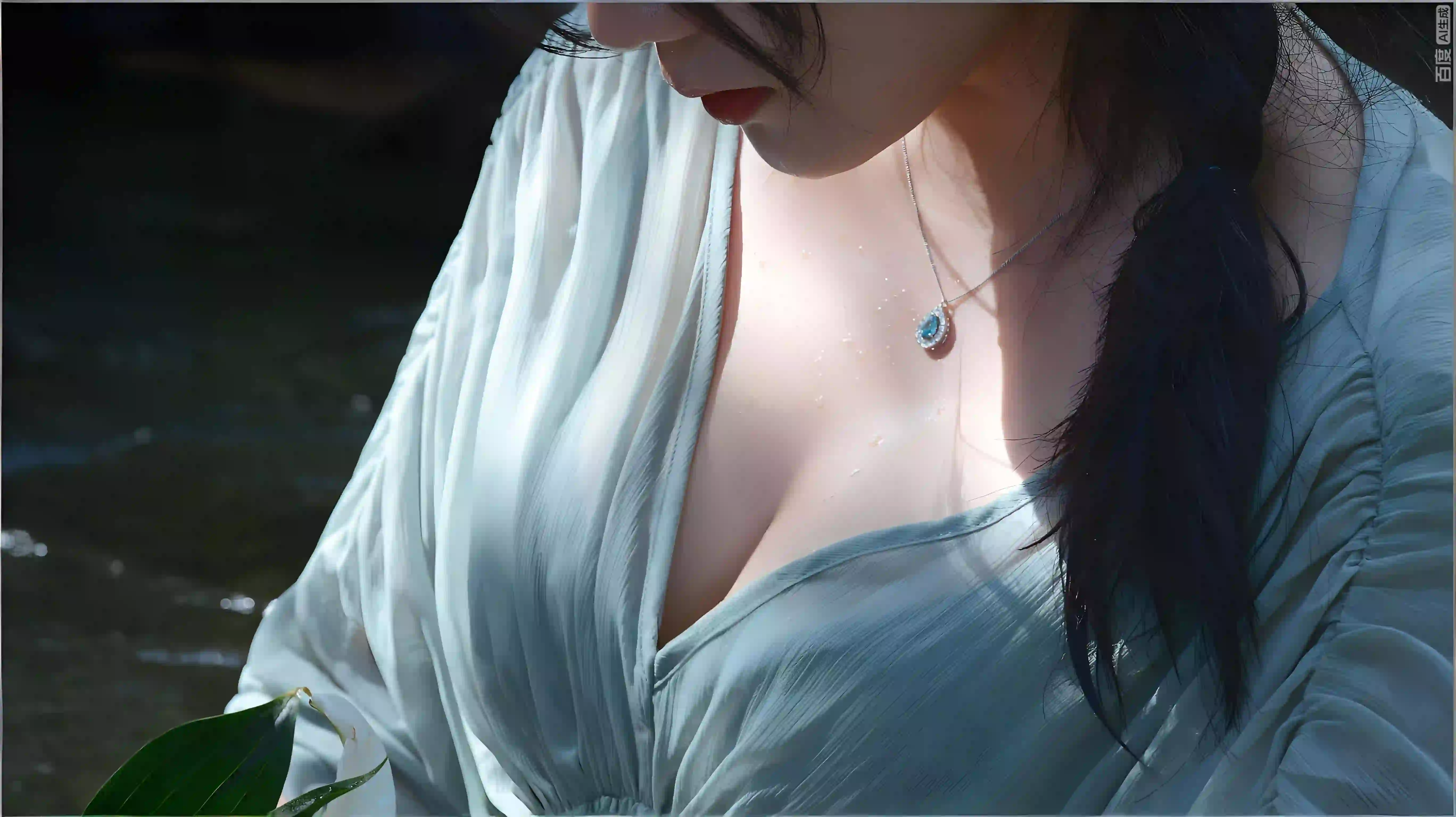 性感美女 绿色衣服 薄荷绿 项链 低胸穿搭