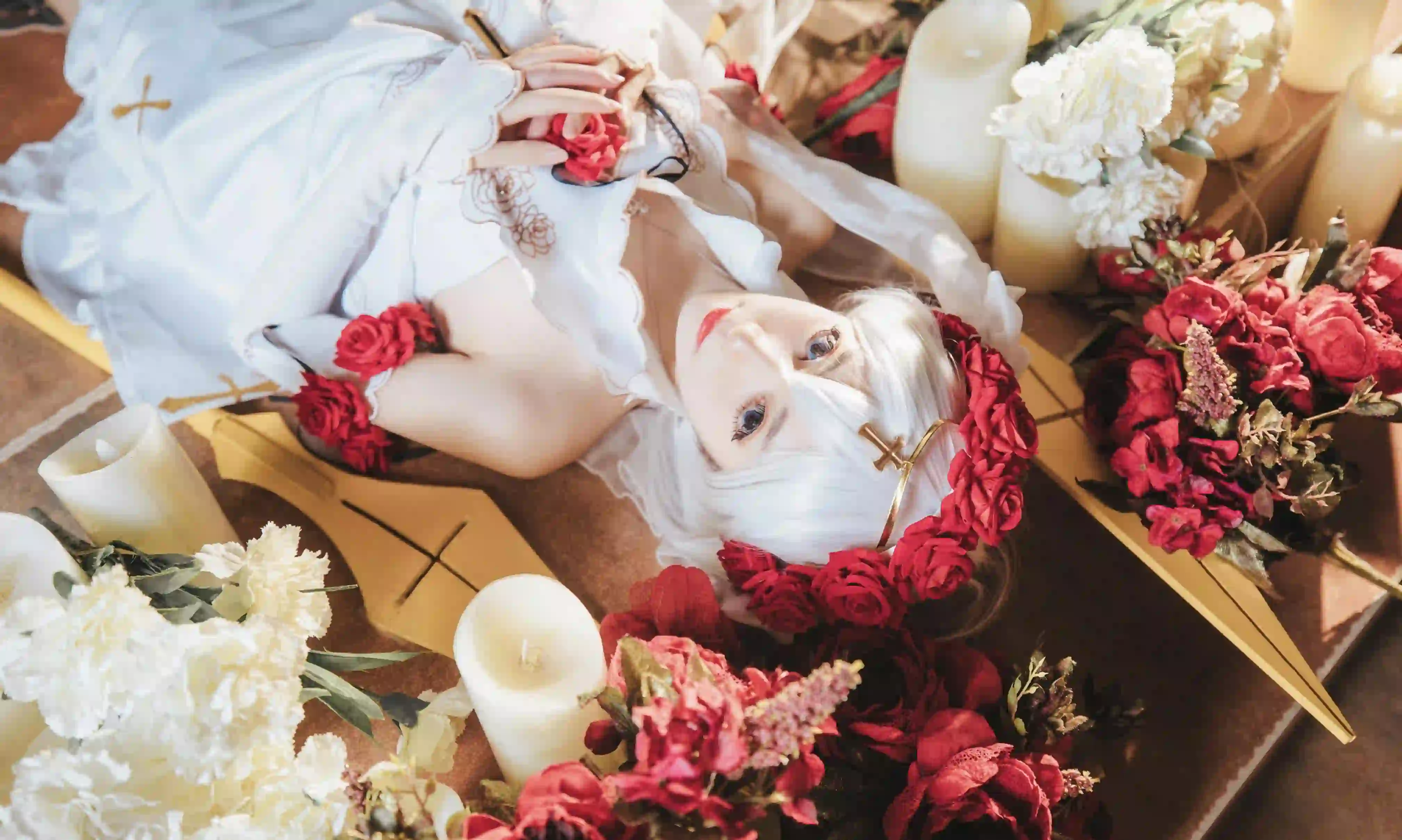 长发美女 白色长发 Coser 白裙少女 俯拍