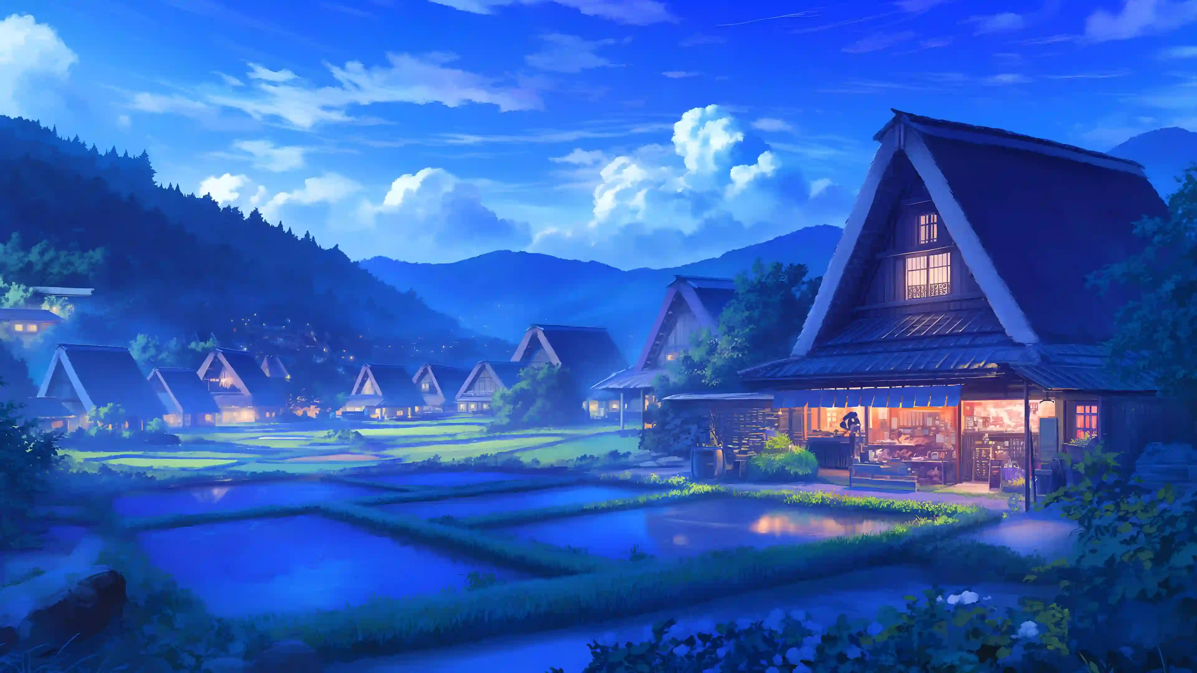 动漫 村庄 夜晚 风景 蓝色 宁静 传统建筑