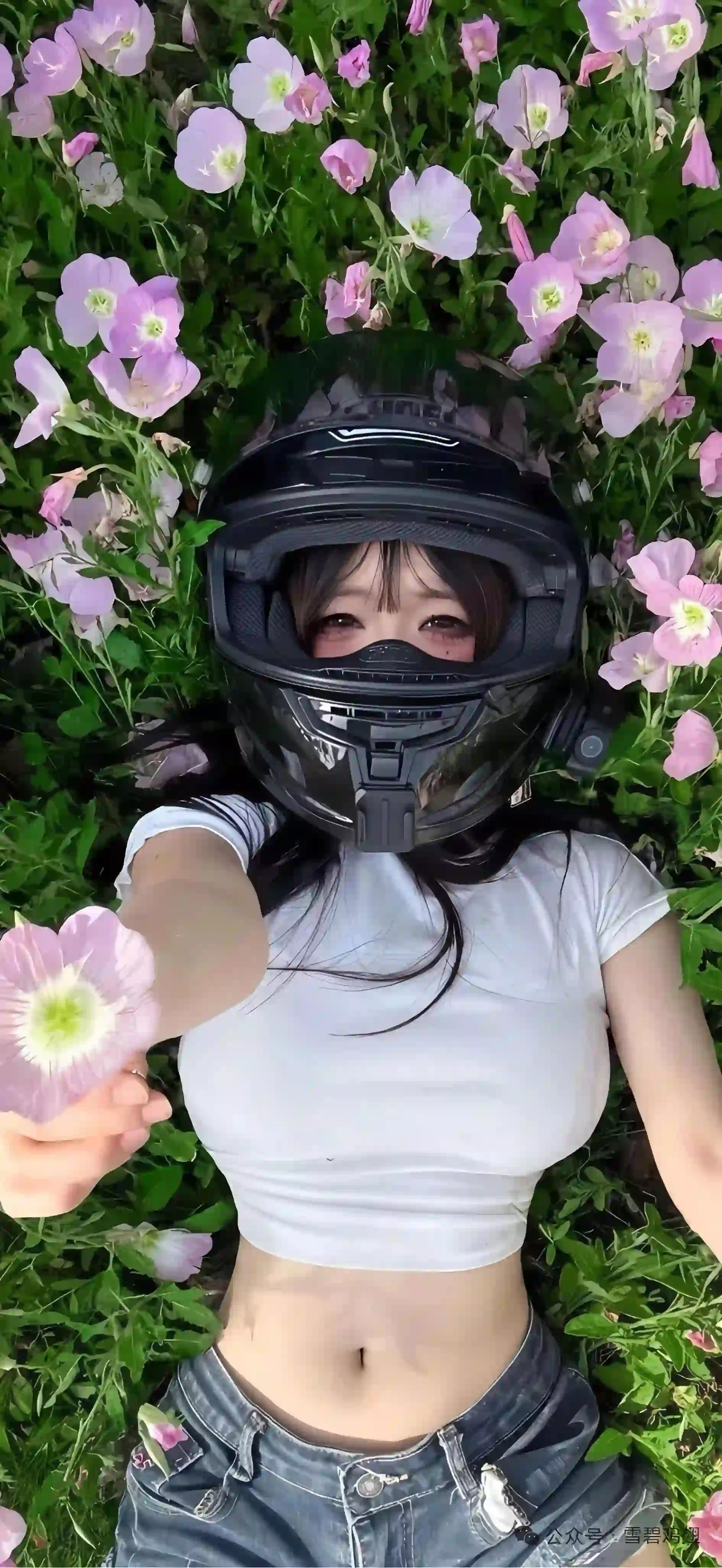 头盔 躺在花丛中的长发性感美女