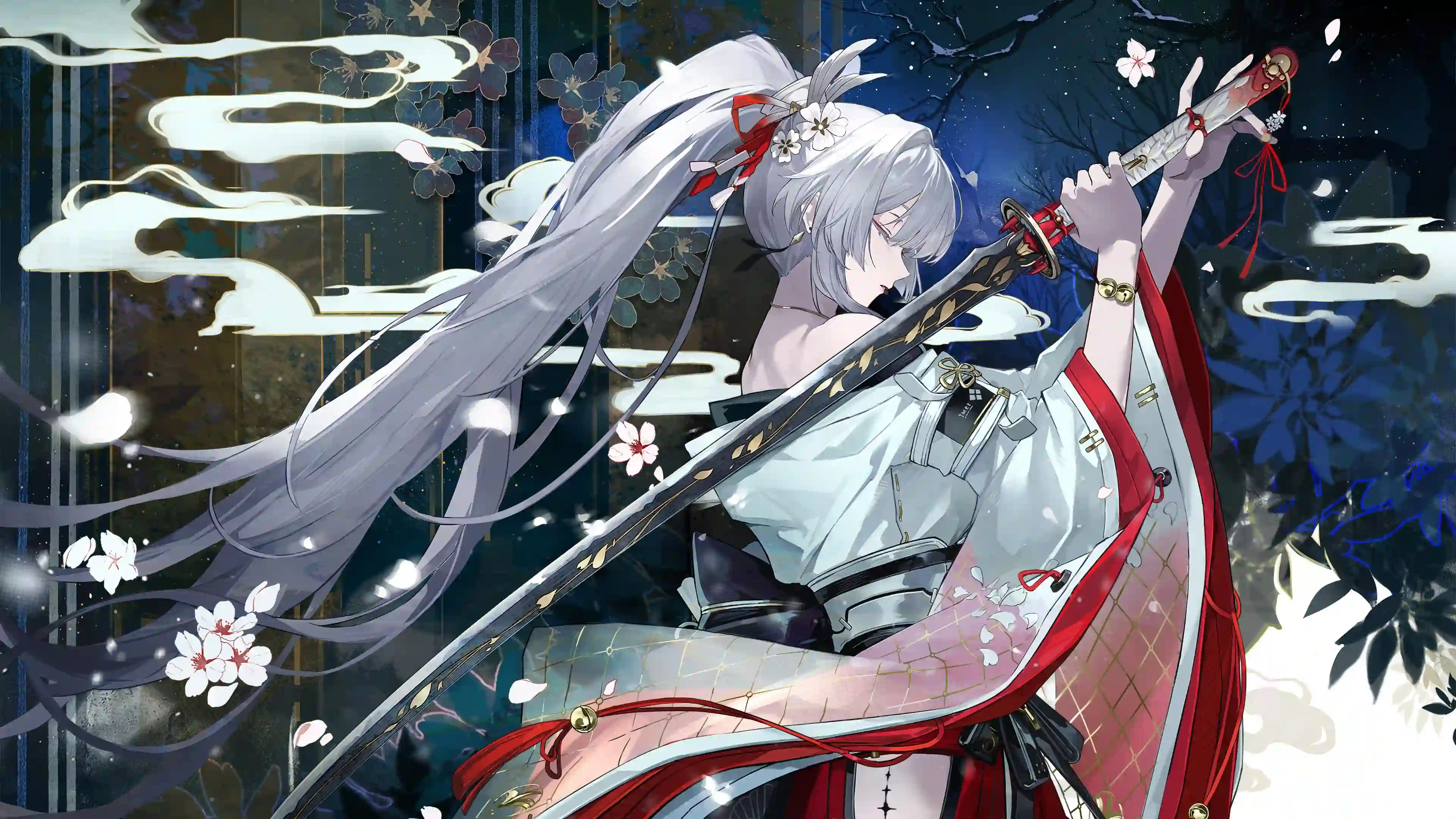 银发 剑姬 动漫女孩 二次元 花 和风 