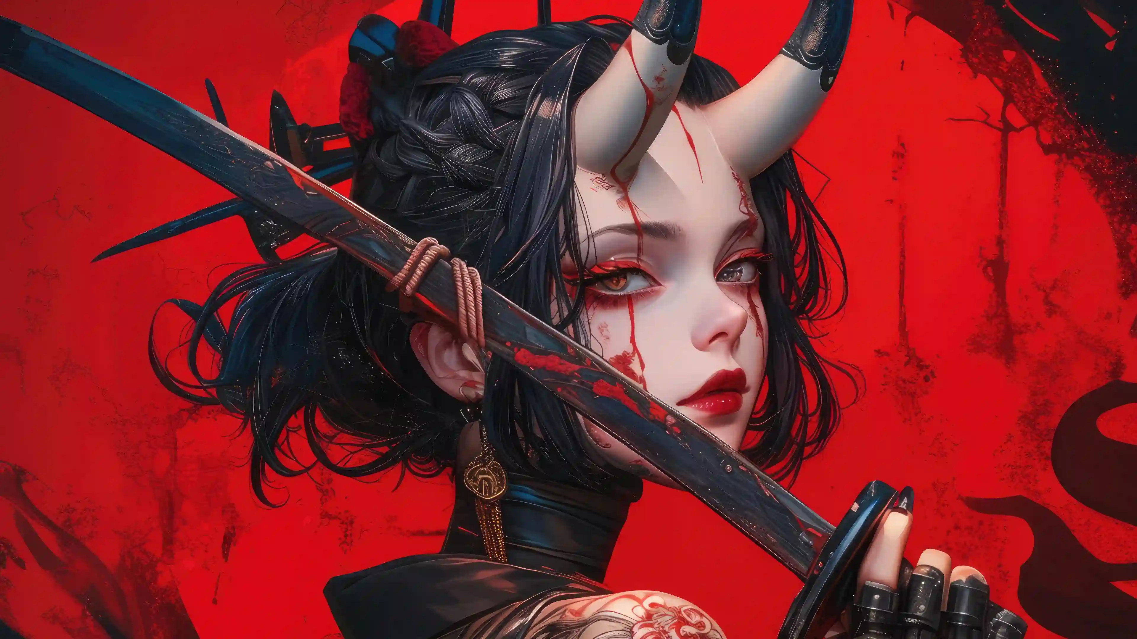4k壁纸 手拿武士刀的女孩 头上犄角 创意壁纸 红色背景