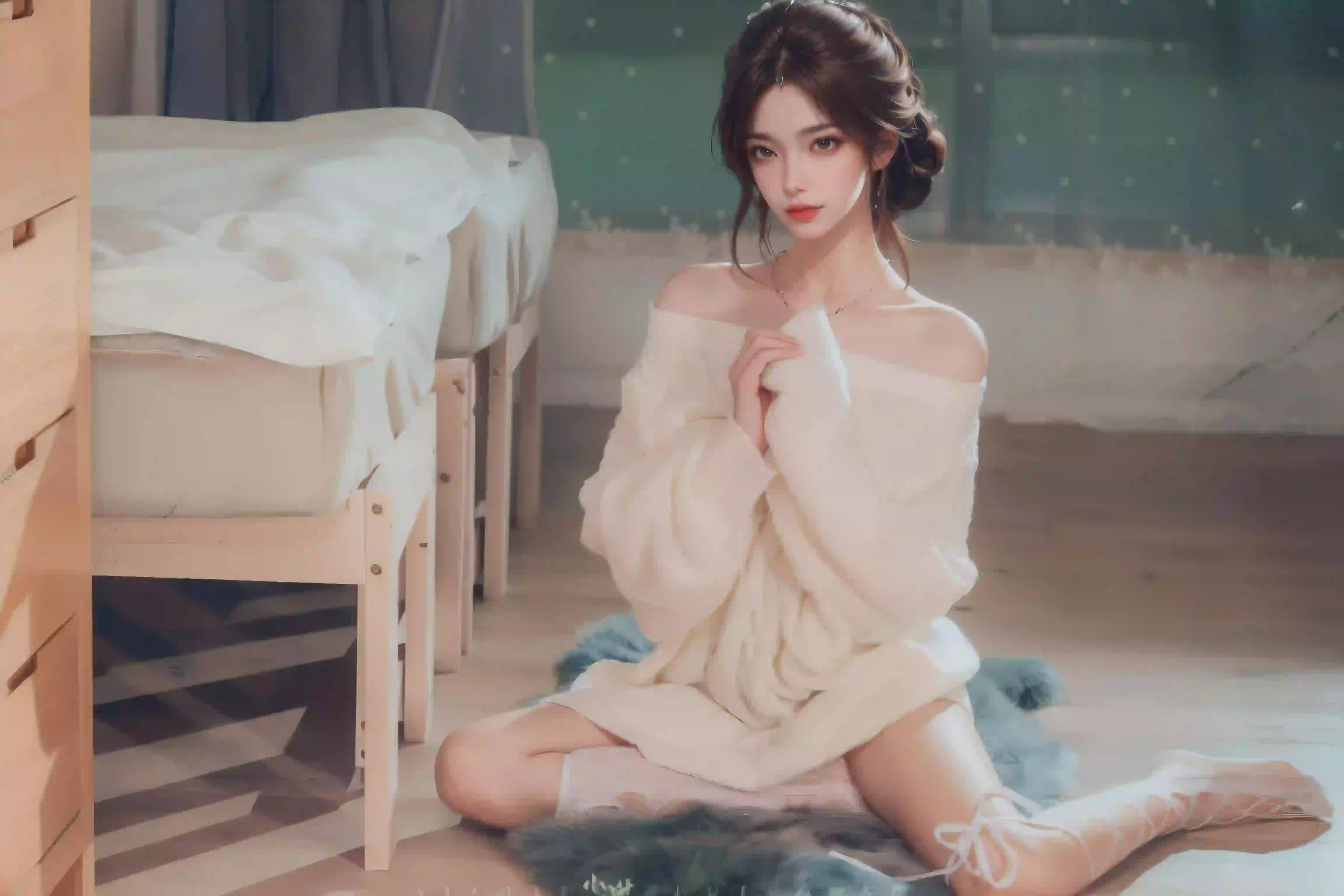 居家 长腿丝袜美女 白色衣服 抹胸穿搭 长腿美女