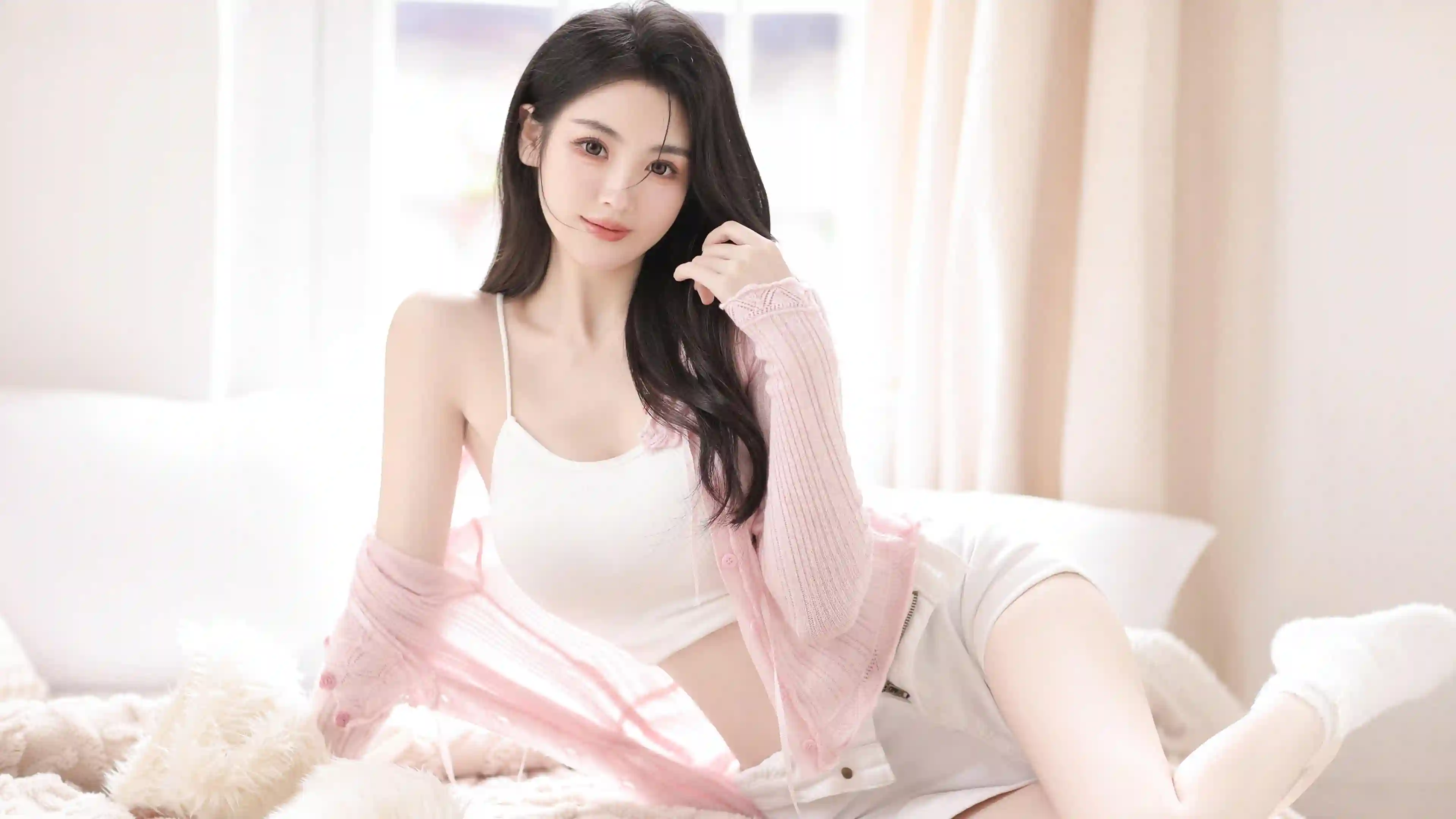 性感长发美女 吊带装 漂亮大长腿 居家写真 性感姿势 粉色针织衫毛衣