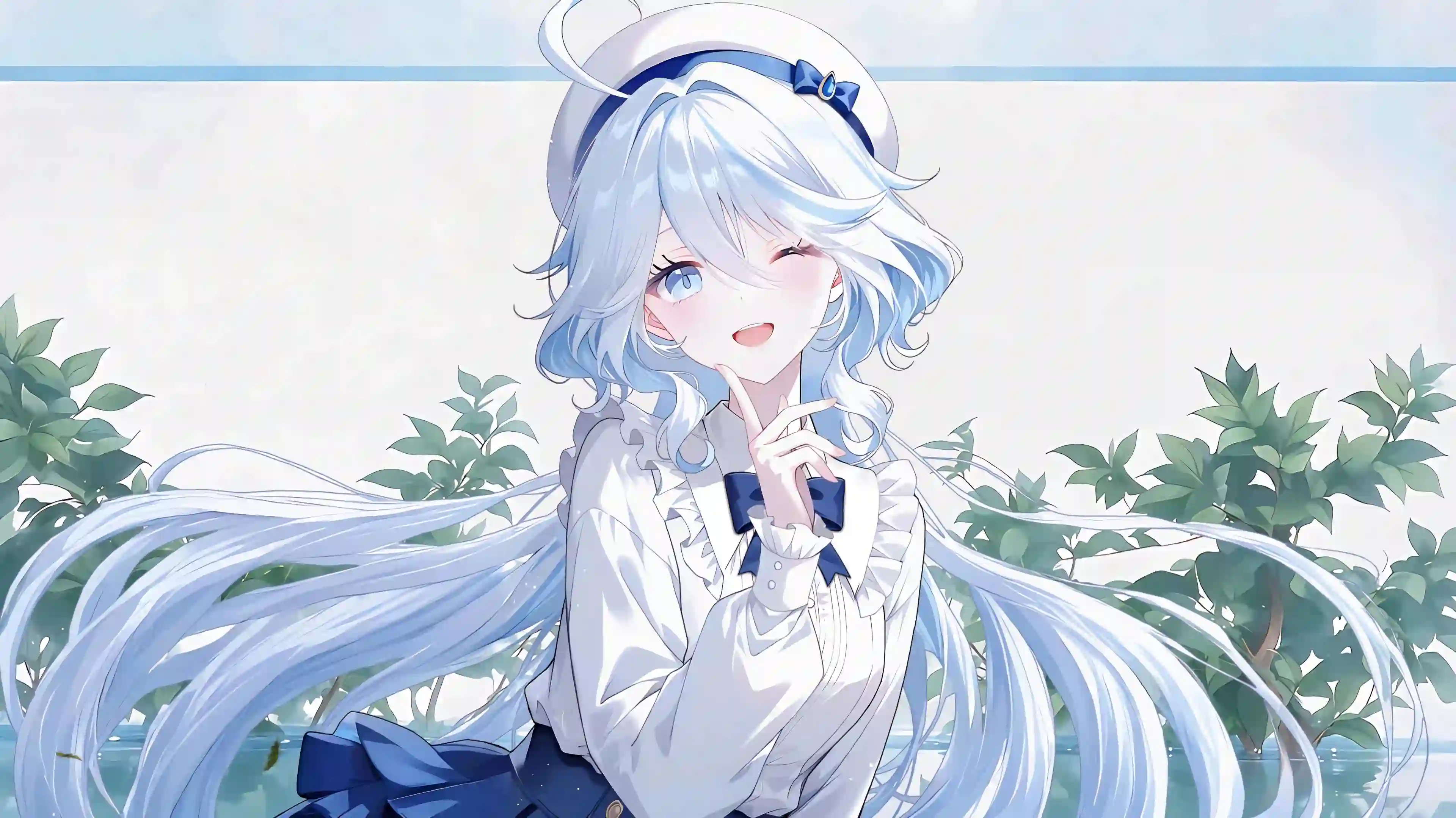 动漫少女 银发蓝眼 白色帽子 蝴蝶结 俏皮表情 清新插画