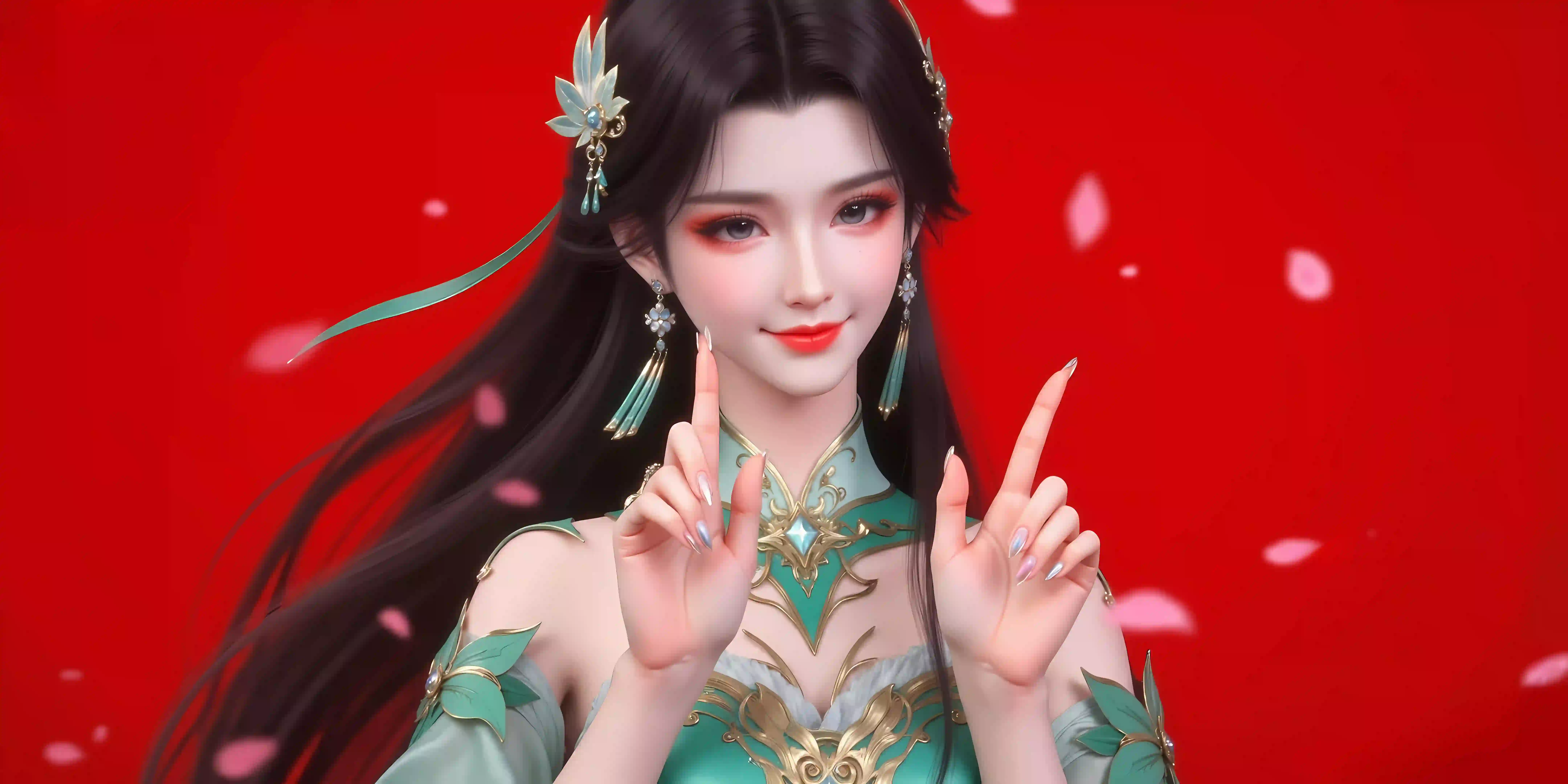 长发美女 ai 动漫角色 萧薰儿 红色背景 甜美