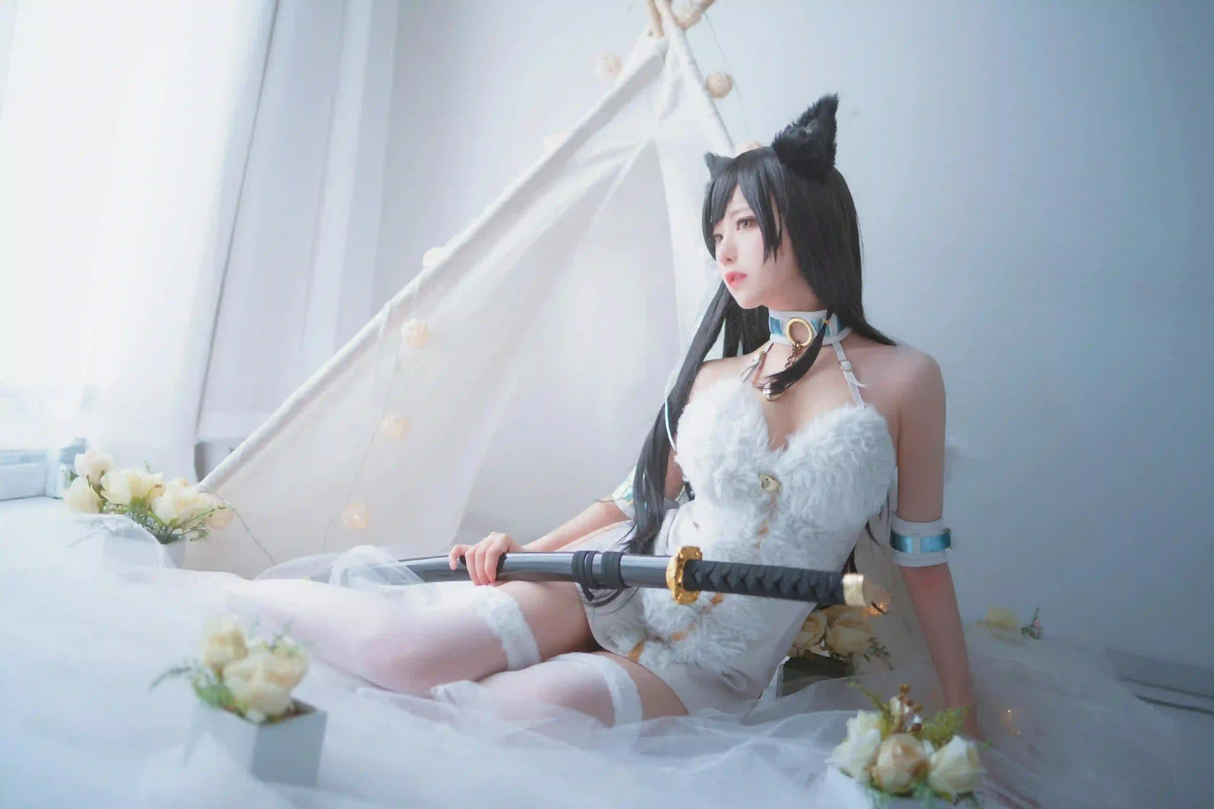 Coser 长发美女 丝袜美腿 白色丝袜 武士刀 白色吊带