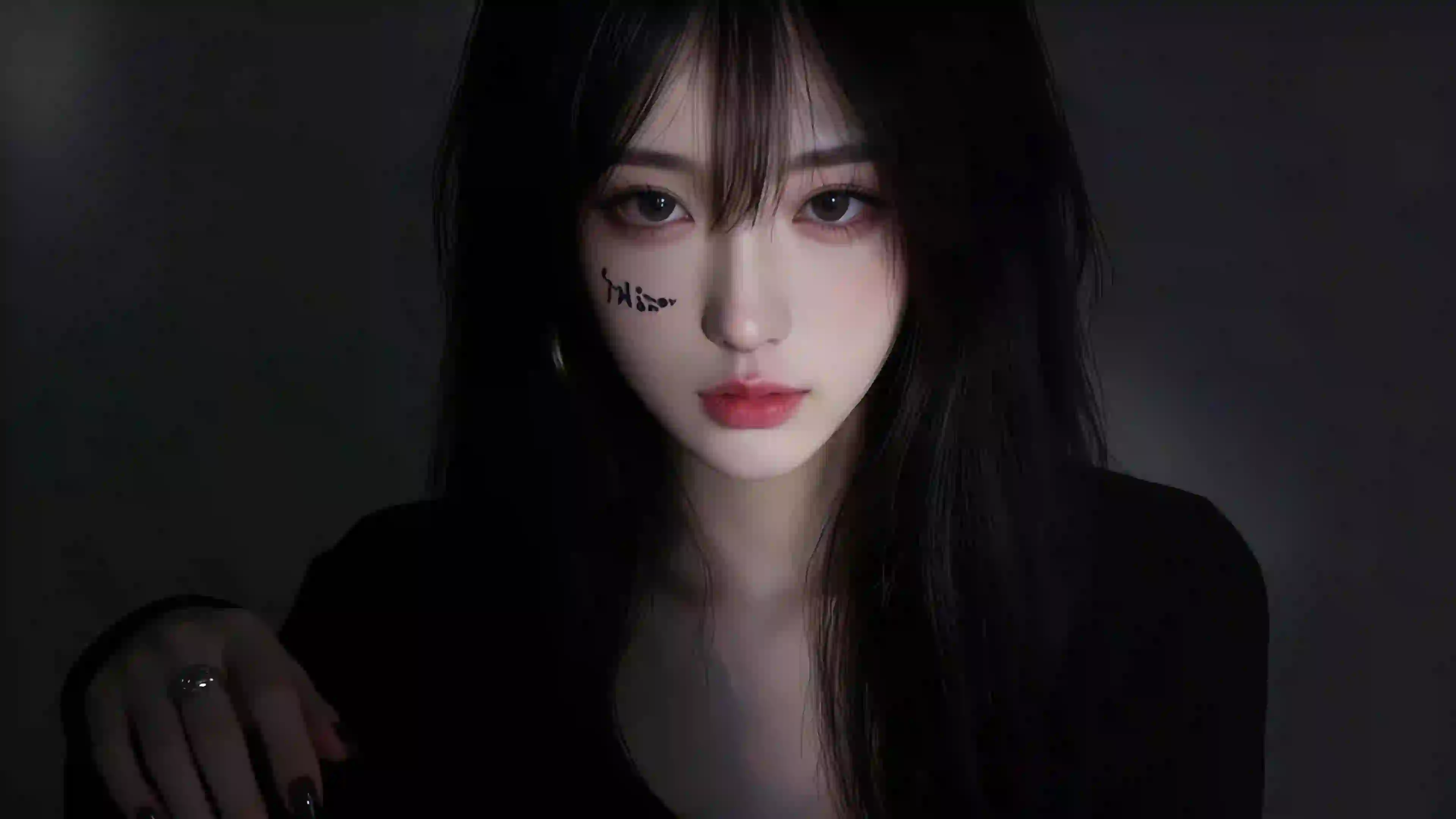 漂亮长发美女 黑色衣服 暗黑色背景 长发美女 光影 唯美
