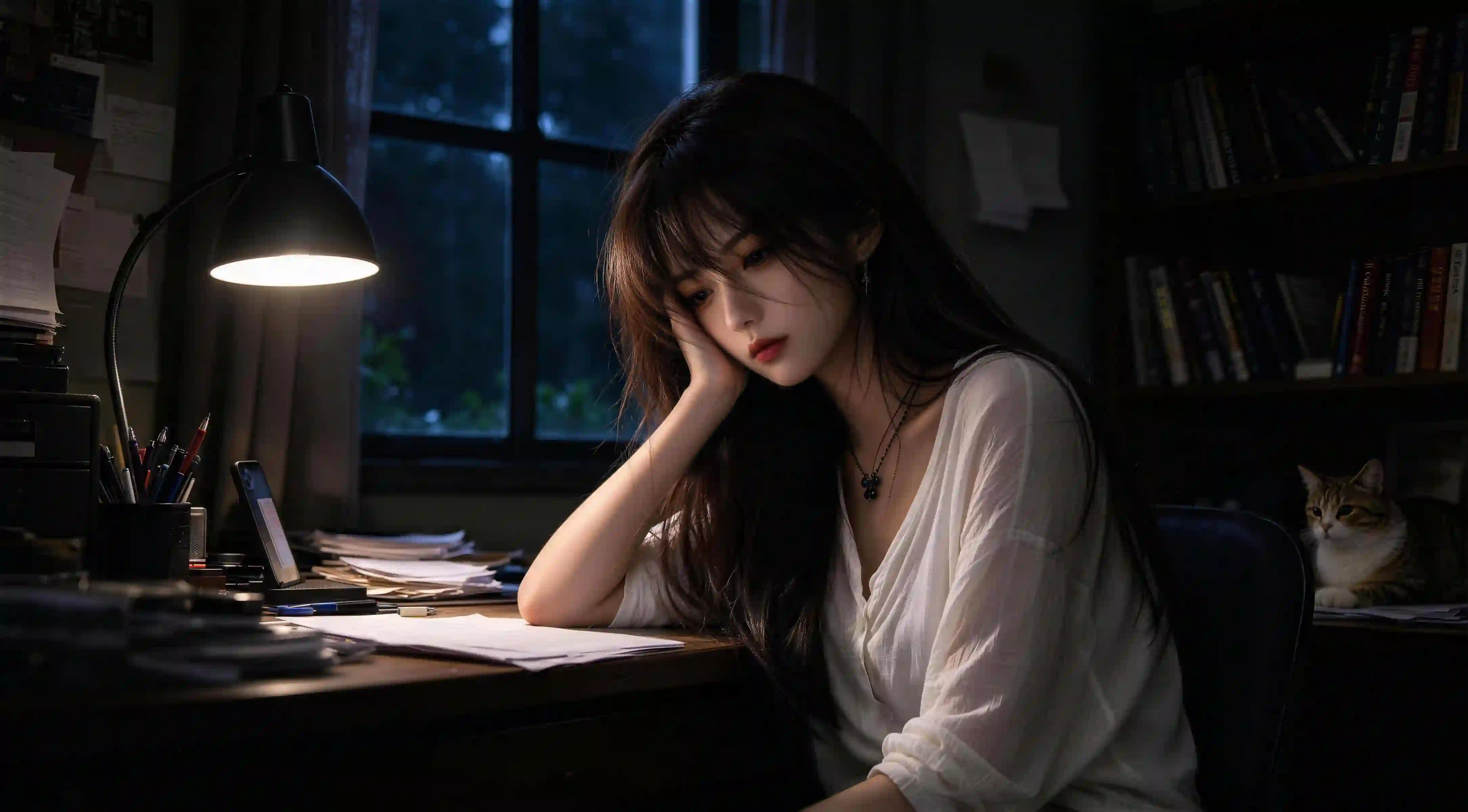 深夜 书房 少女 白衬衫 猫咪 台灯 人像