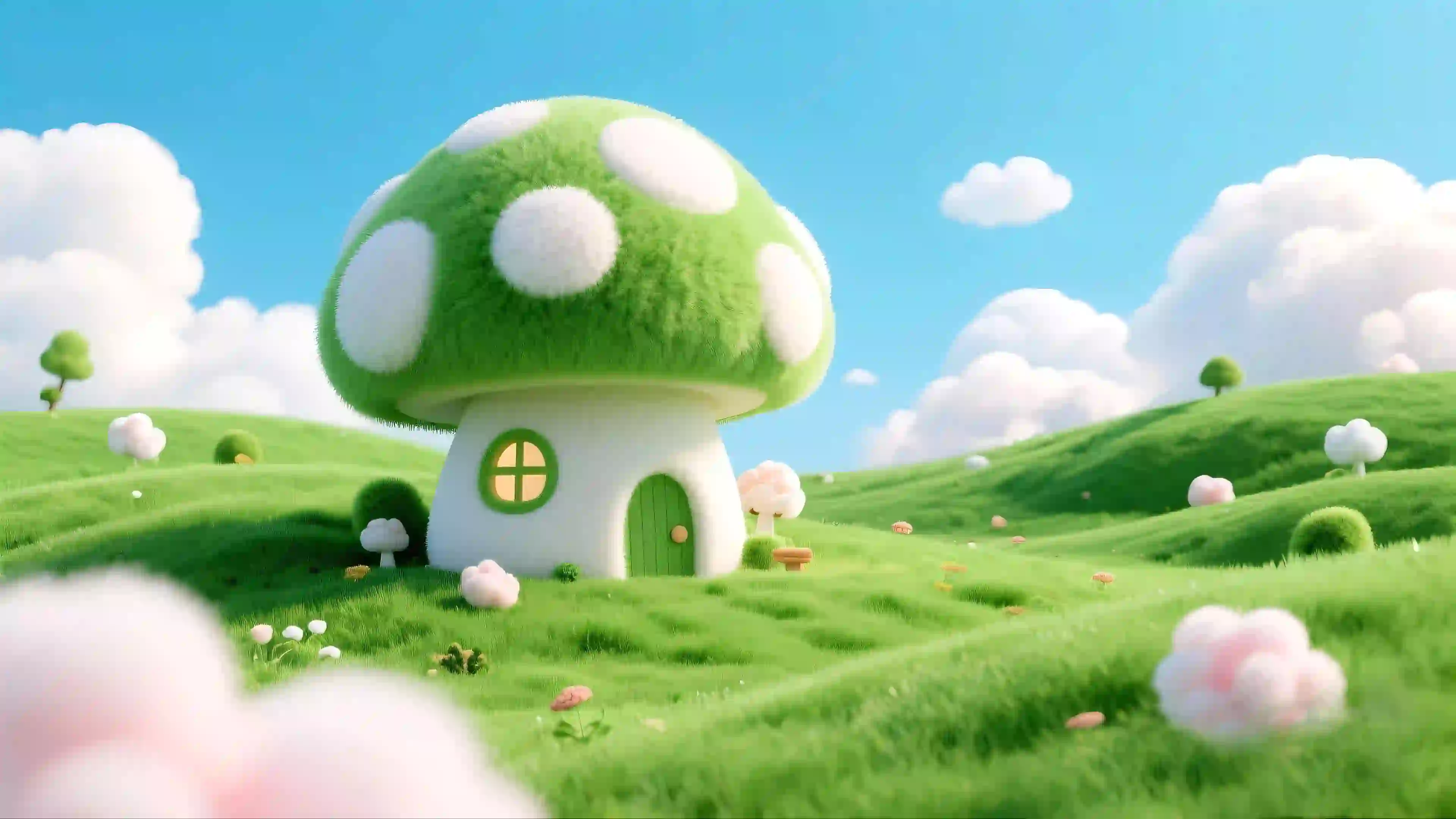 可爱蘑菇屋 绘画风景 4K壁纸