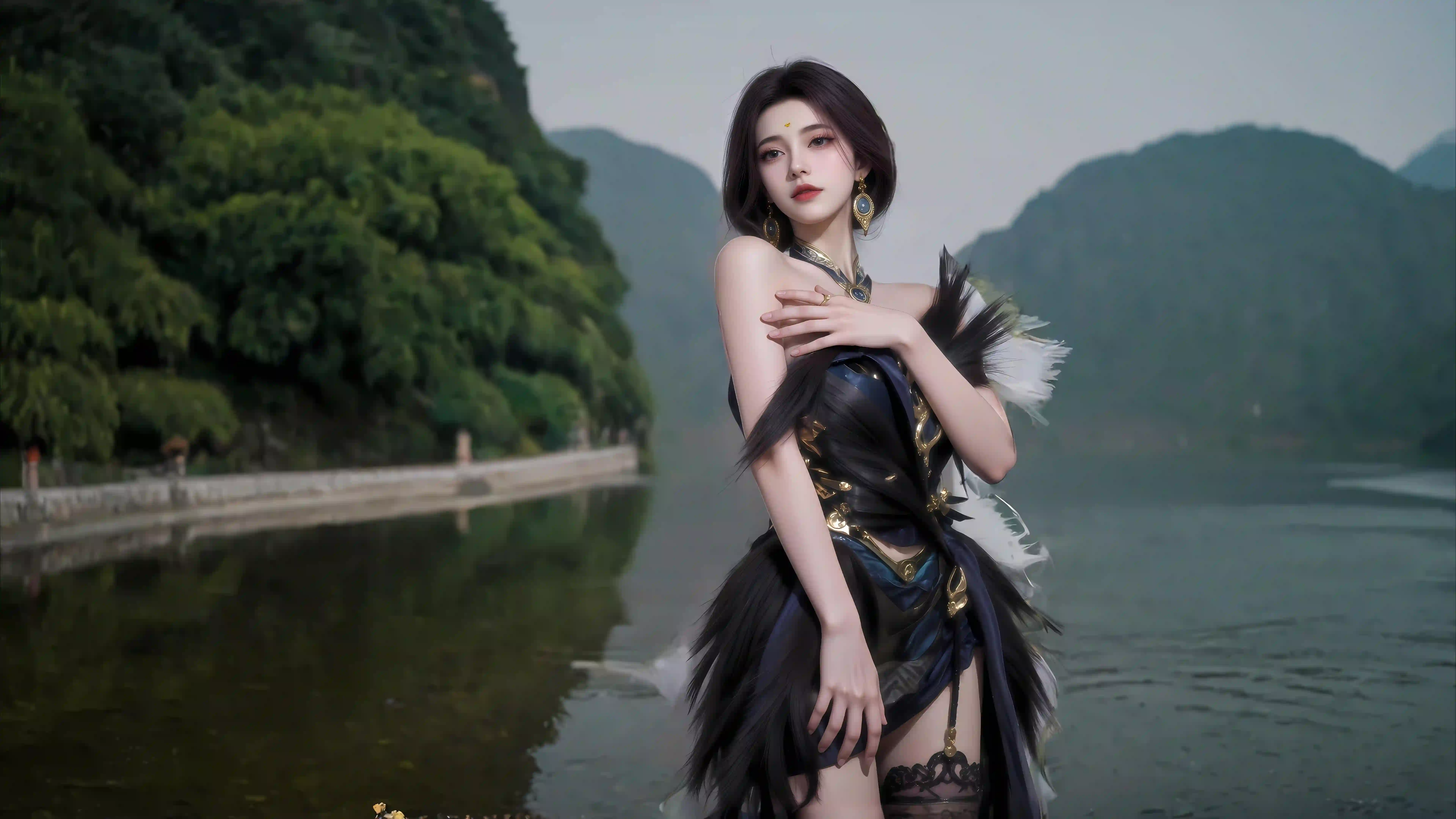AI 长发美女 性感 吊带 户外 绿色