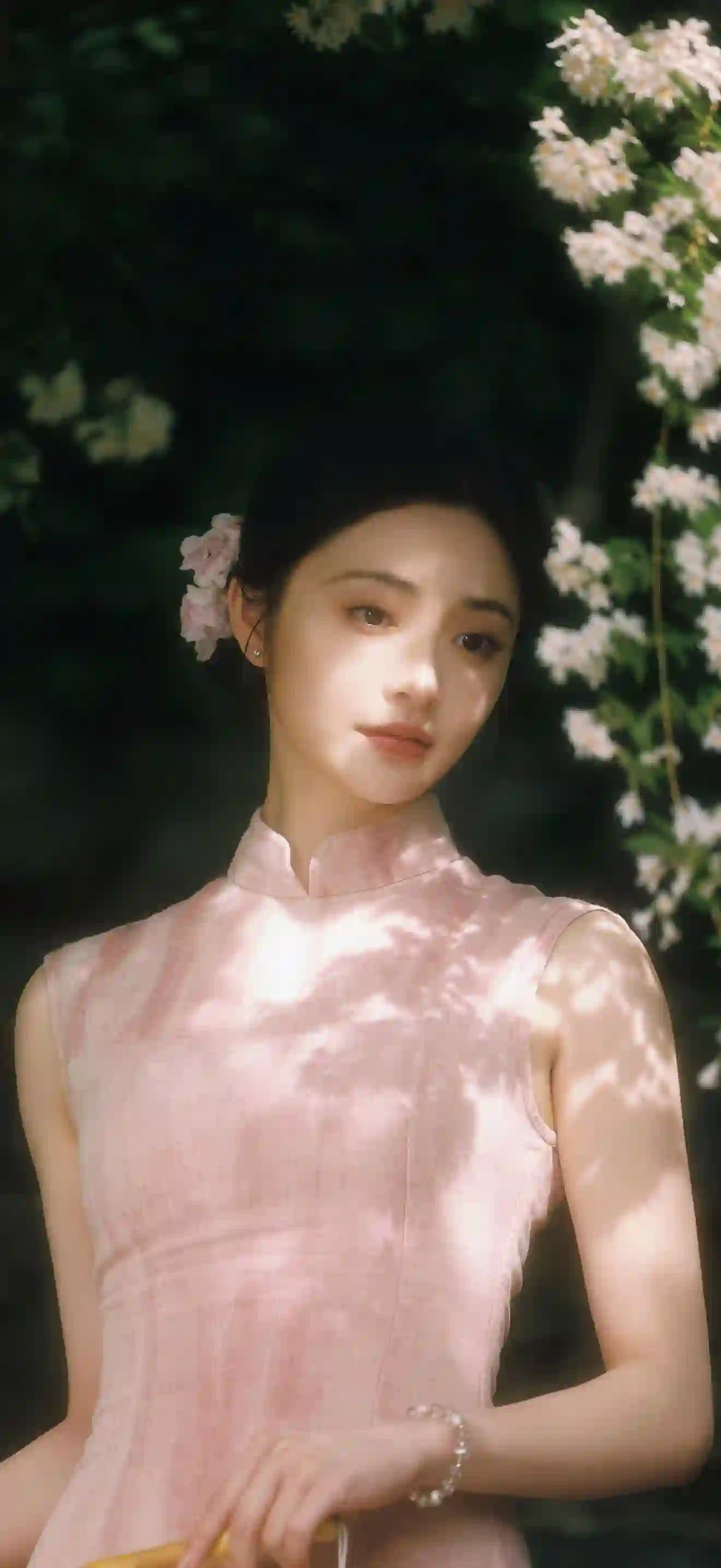 长发美女 周洁琼 古典装扮 花 粉红色裙子