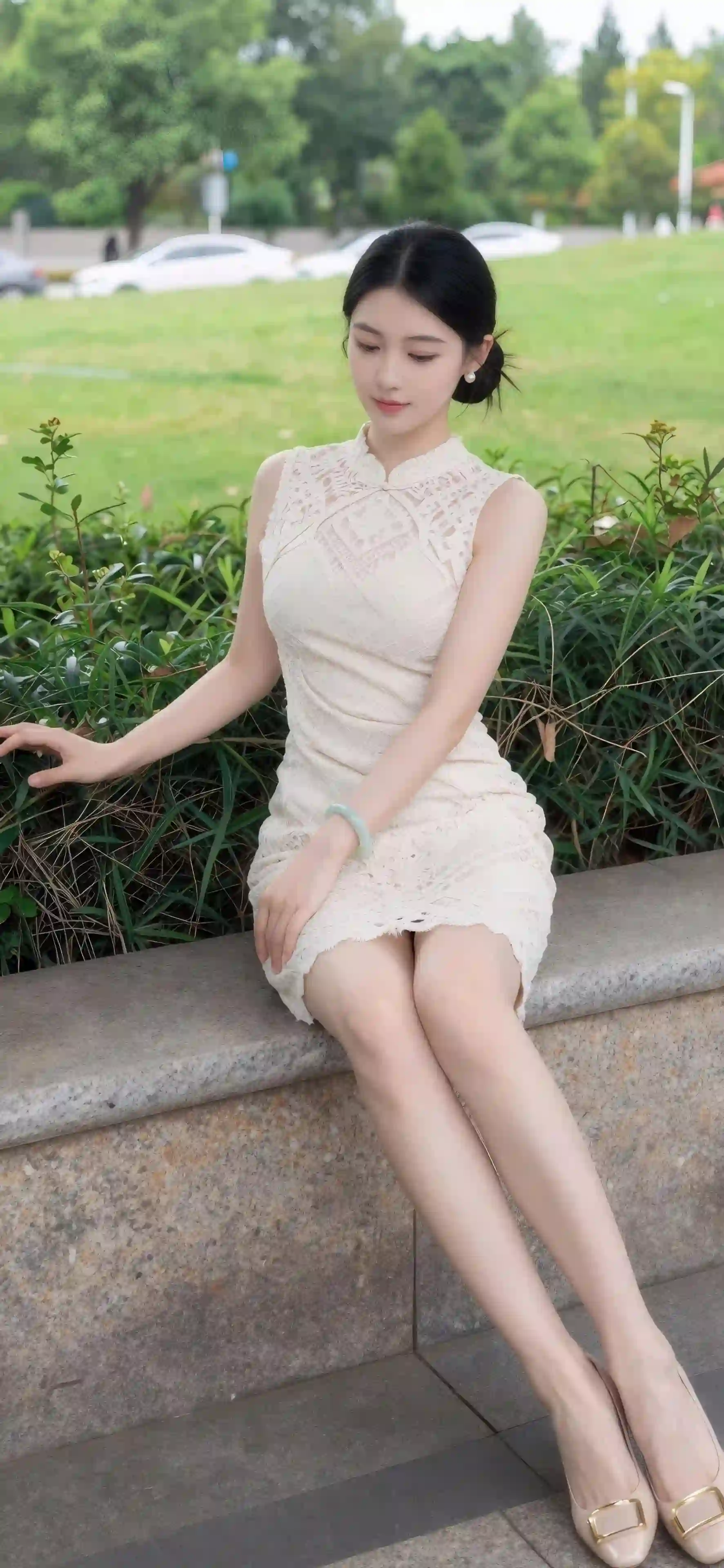 白色旗袍 蕾丝美女 户外人像 清纯优雅 坐姿写真
