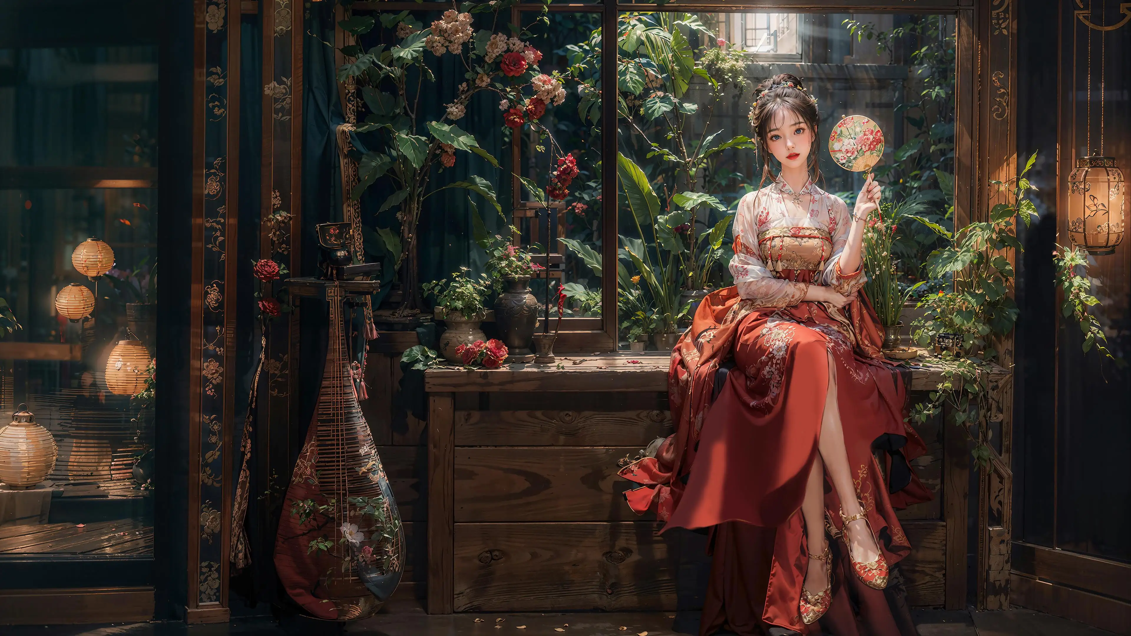 古风美女 扇子 红色裙子 室内 绿色植物 鲜花