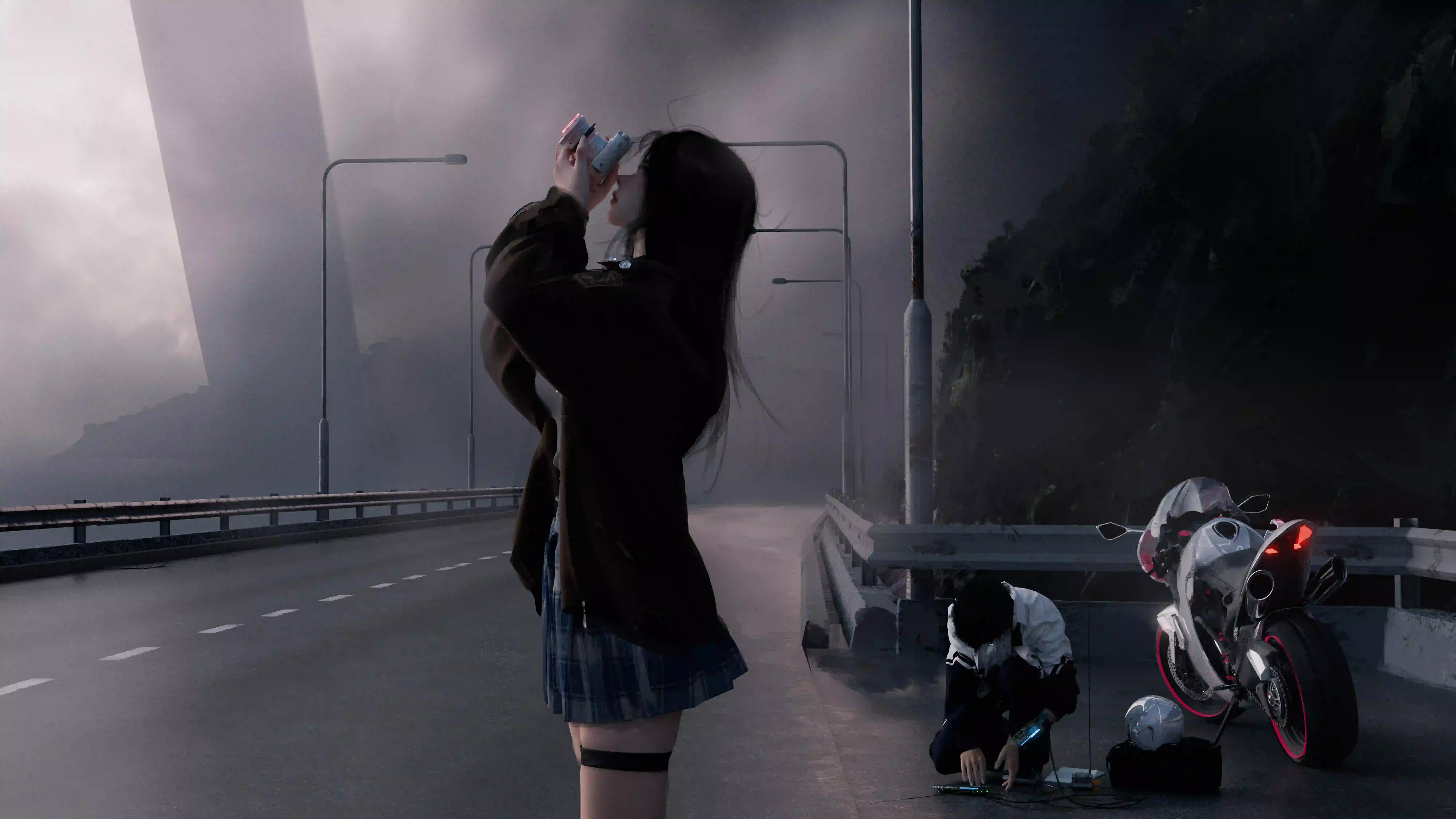 动漫女孩 二次元 wlop 拍照 末日景象