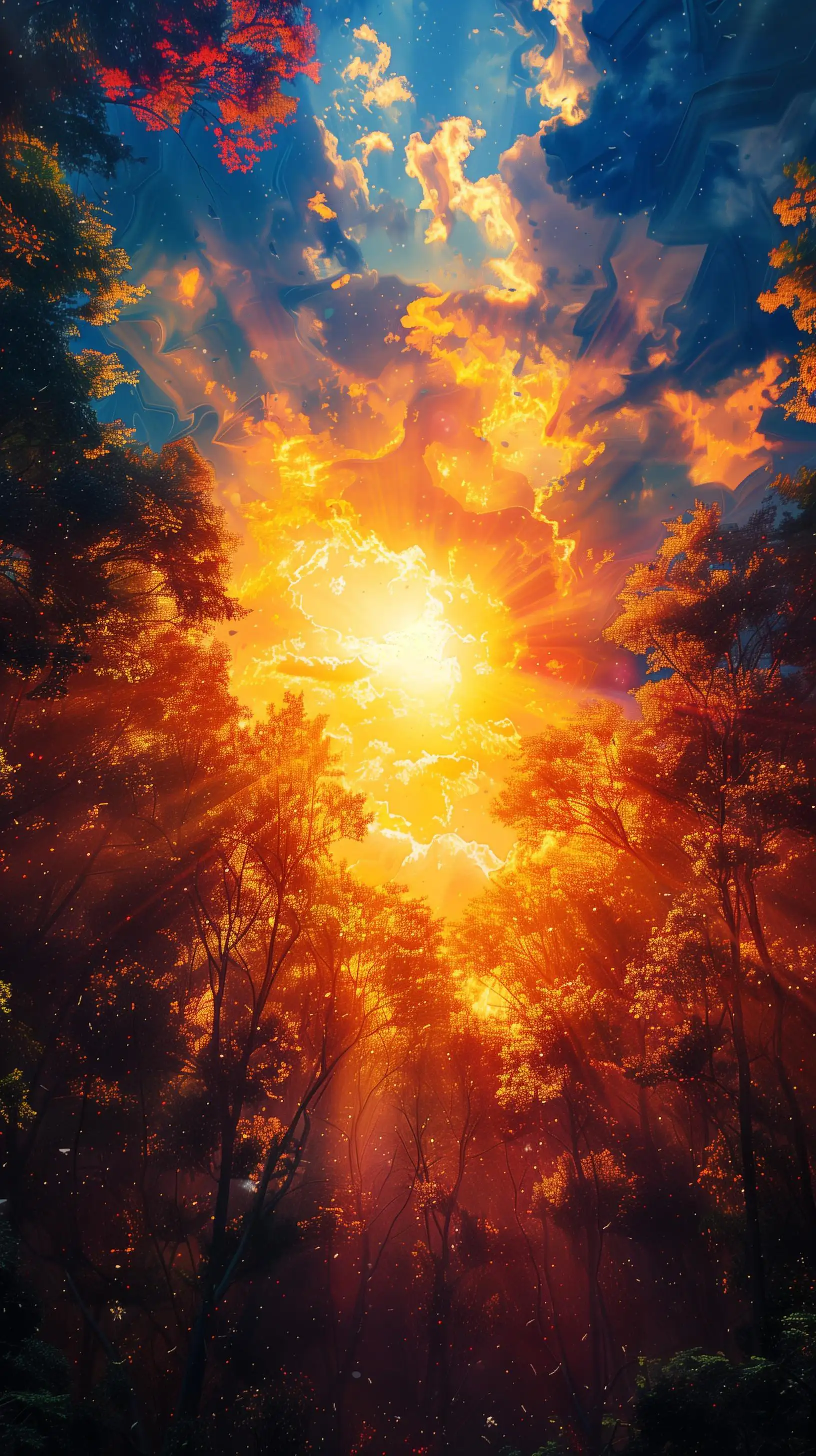 仰望视角，黄昏下的森林风景手机壁纸图片