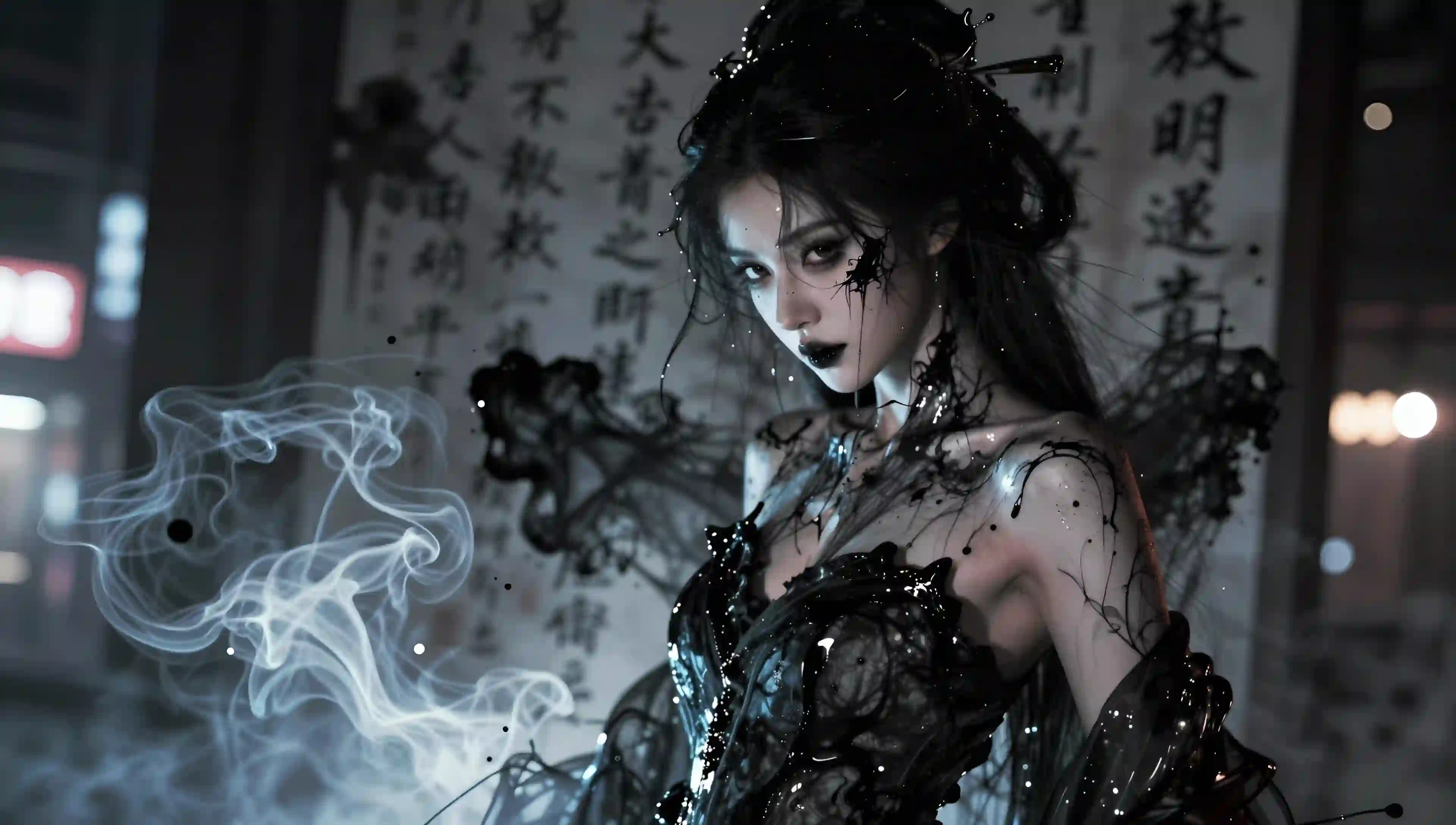 水墨 烟云 魔幻 少女 AI 壁纸 暗黑 旗袍