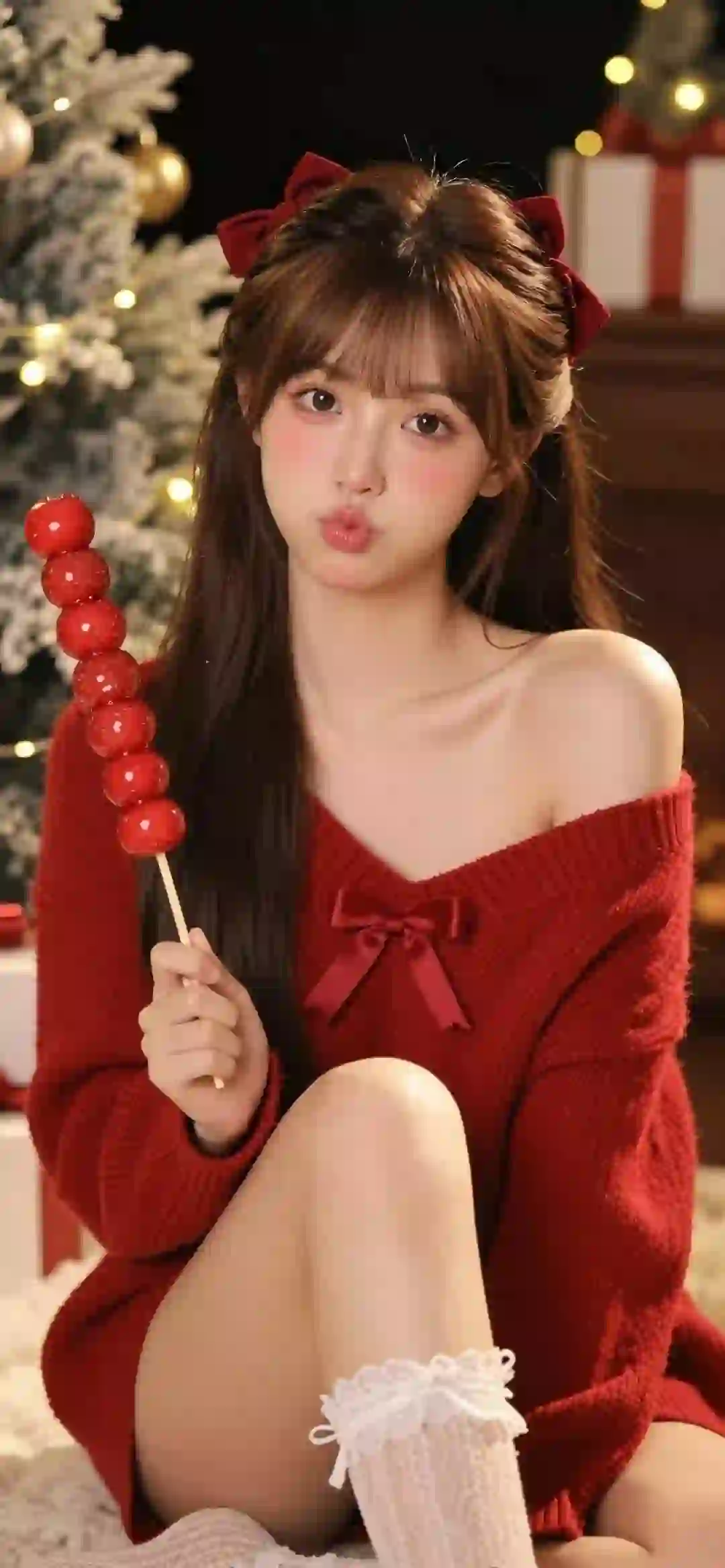 可爱女孩 冰糖葫芦 嘟嘴 漏肩穿搭