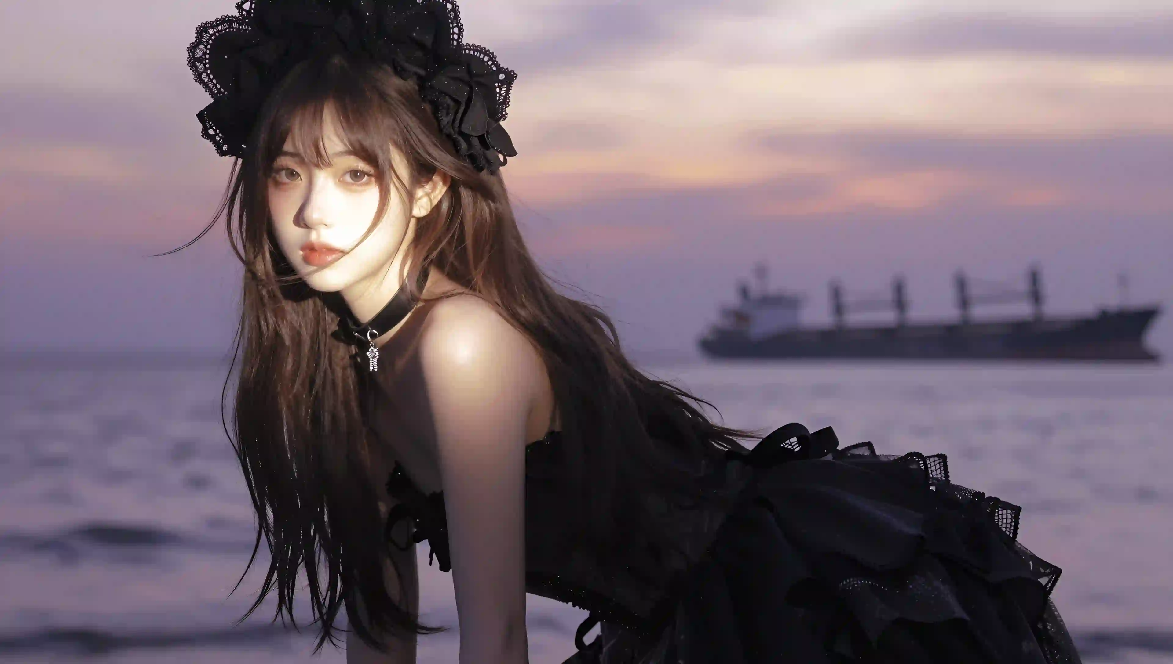 海边少女 洛丽塔 黄昏海景 黑色蕾丝 长发