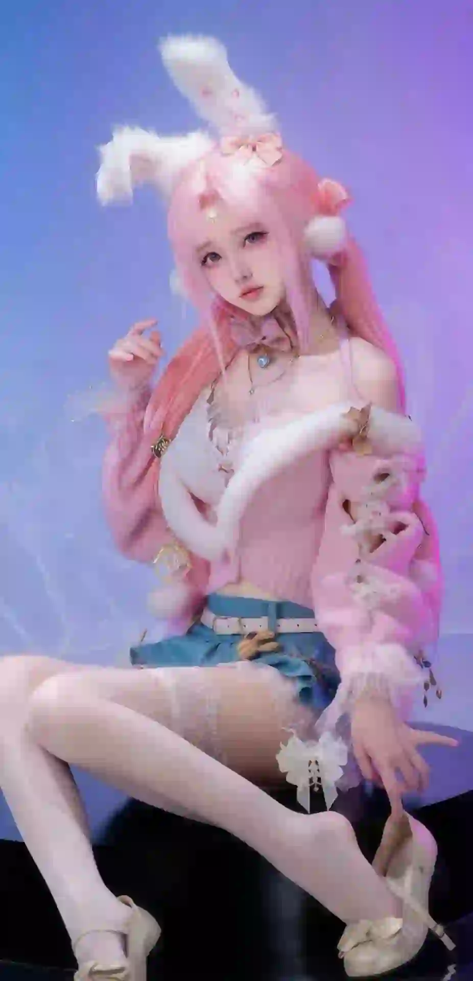 兔子耳朵 粉红色头发 长腿丝袜美腿 