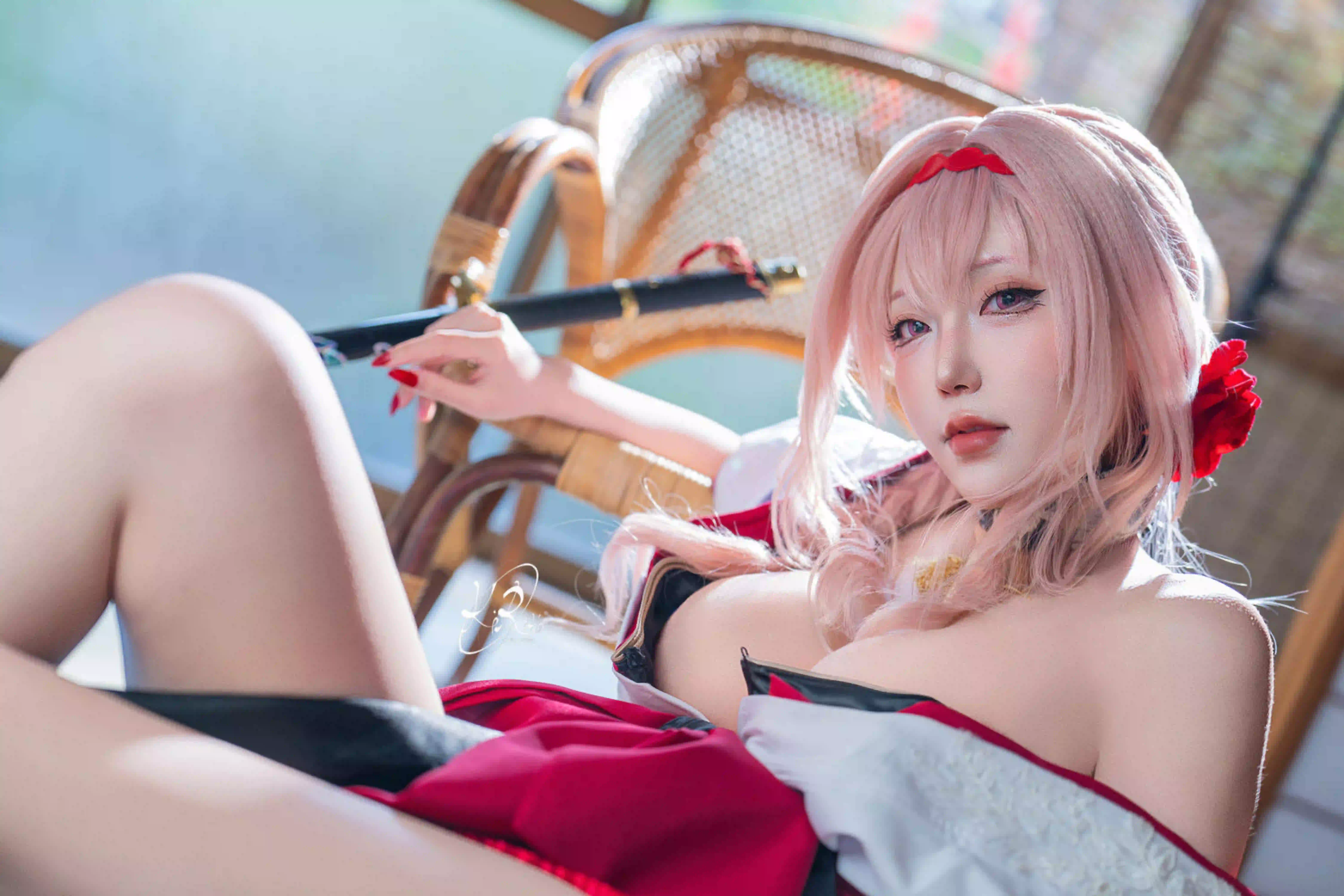 长发美女 coser 日式风格 妖刀 性感美女 和服 红色头饰