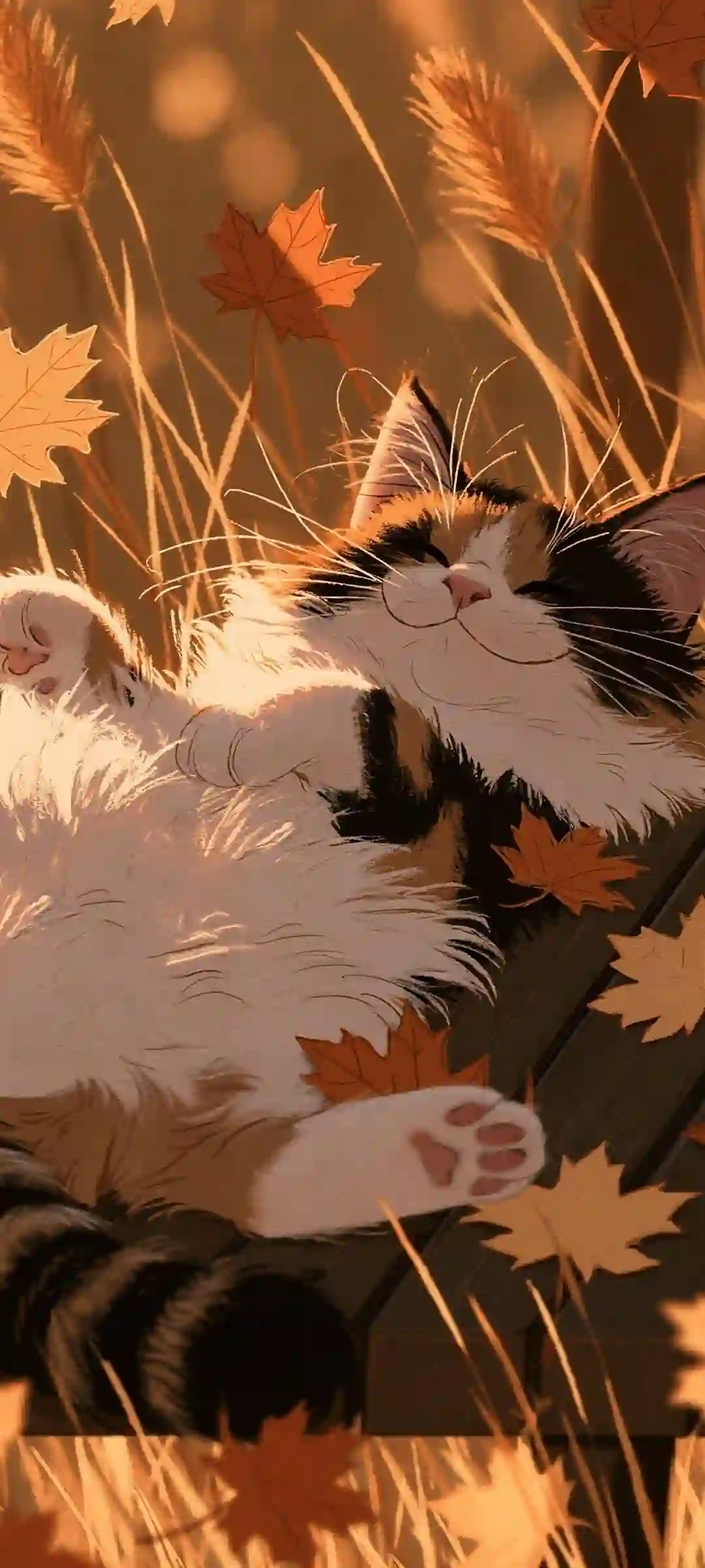 秋天 猫咪 插画 治愈 枫叶 暖光 可爱