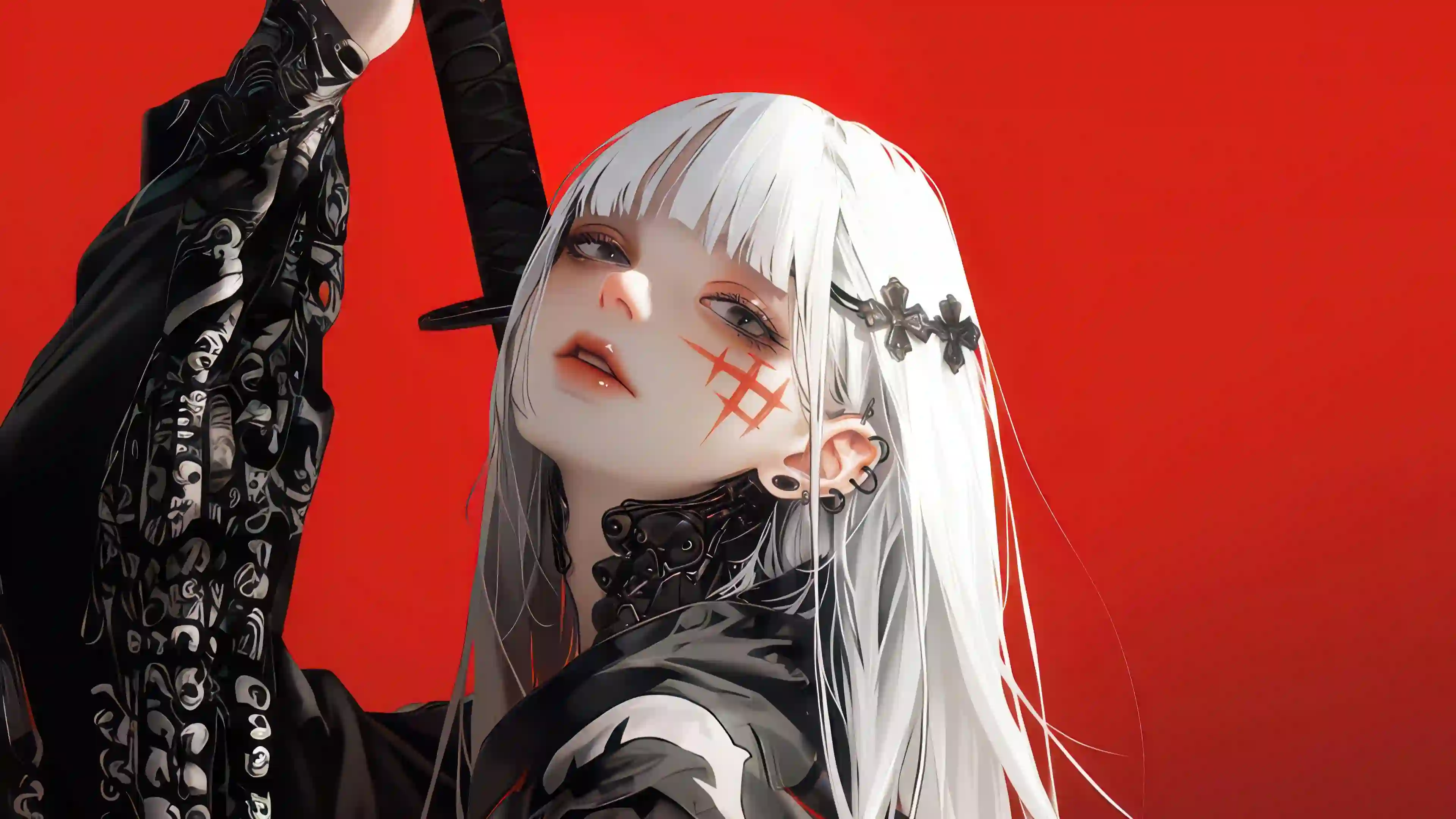 白发少女 动漫壁纸 红色背景 暗黑风格