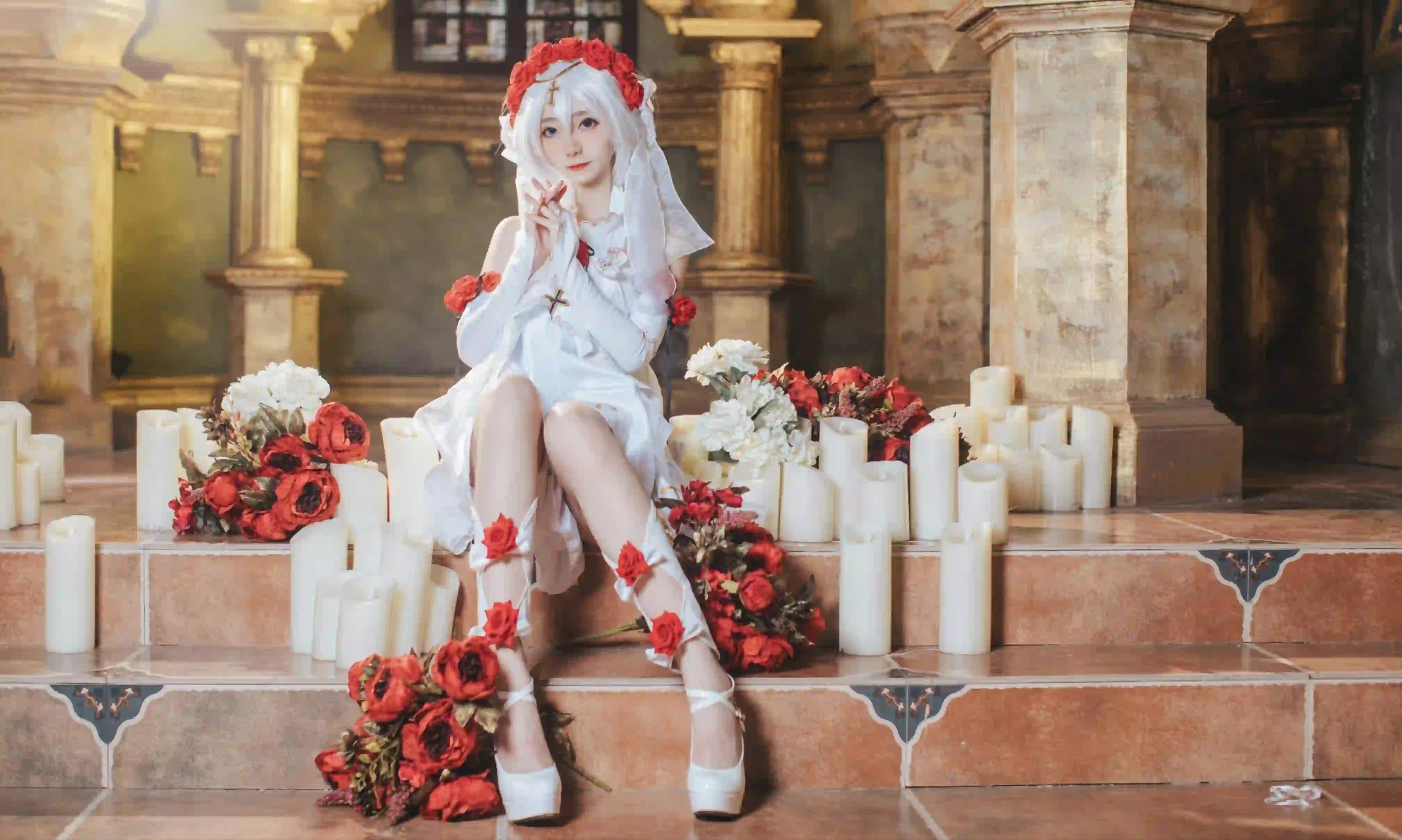 长发美女 白色长发 Coser 白裙少女 红色玫瑰