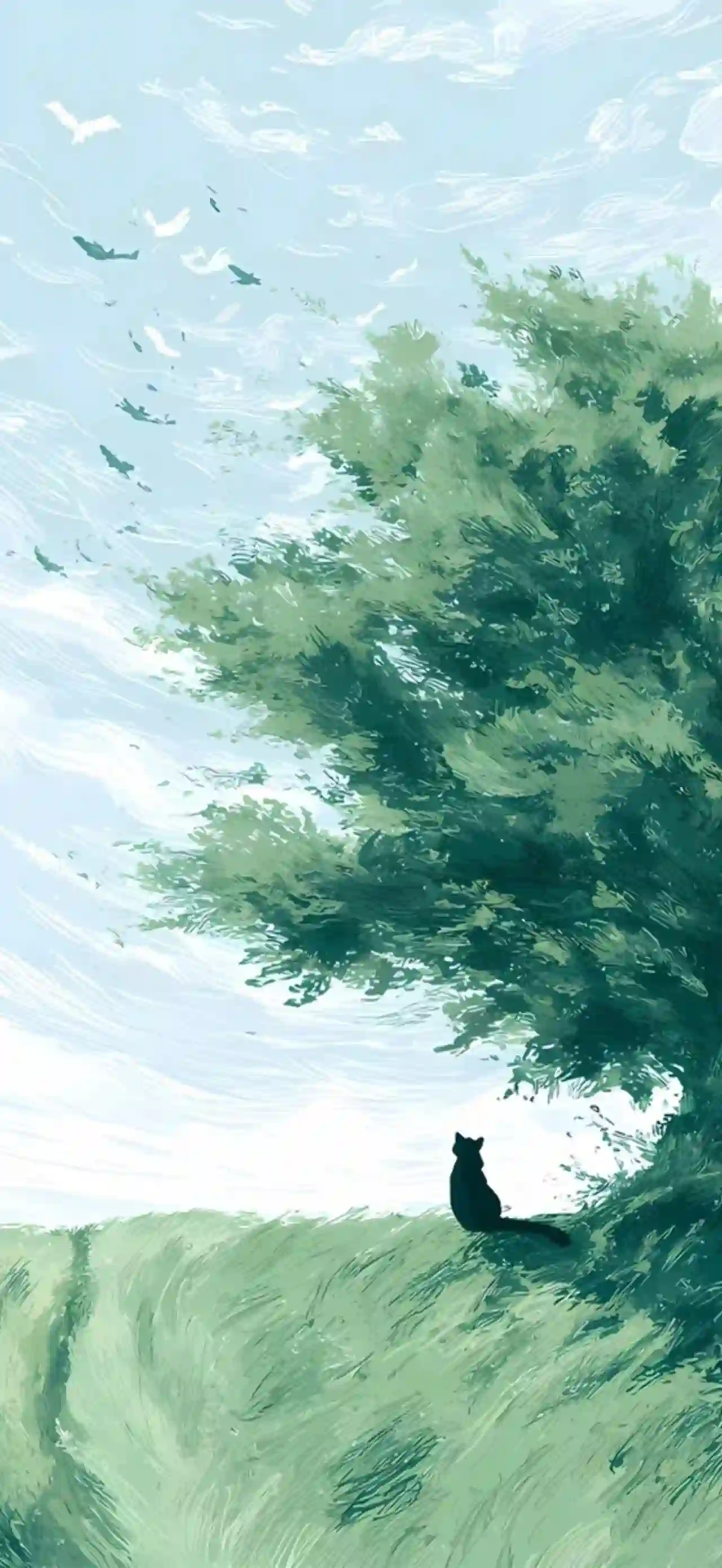 黑猫 大树 草地 蓝天 油画 风景 治愈 印象派