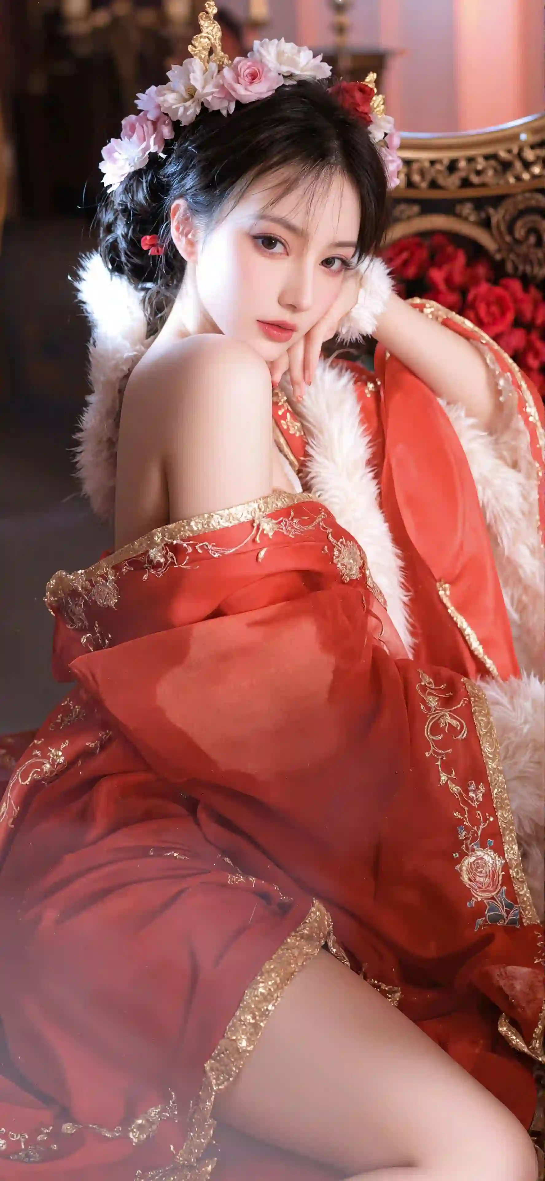 狐狸 长发美女 性感美女 古风汉服美女 红色长裙 美腿 