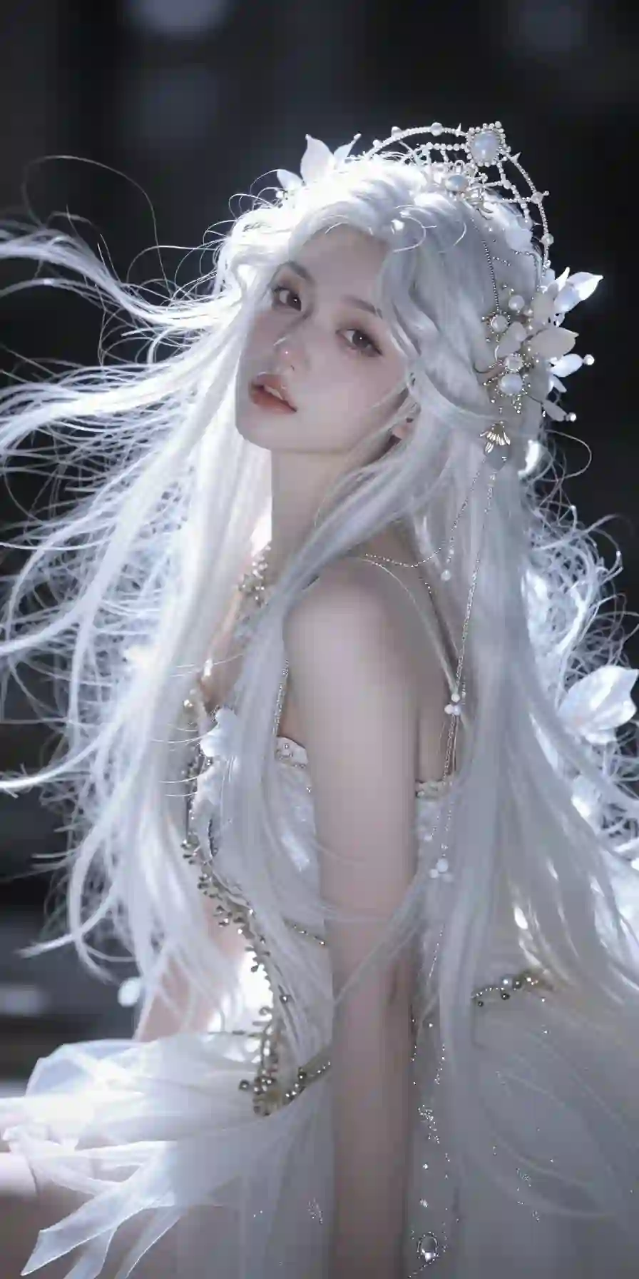 长发美女 Ai美女 白色长裙 梦幻 清纯美女 白色长发
