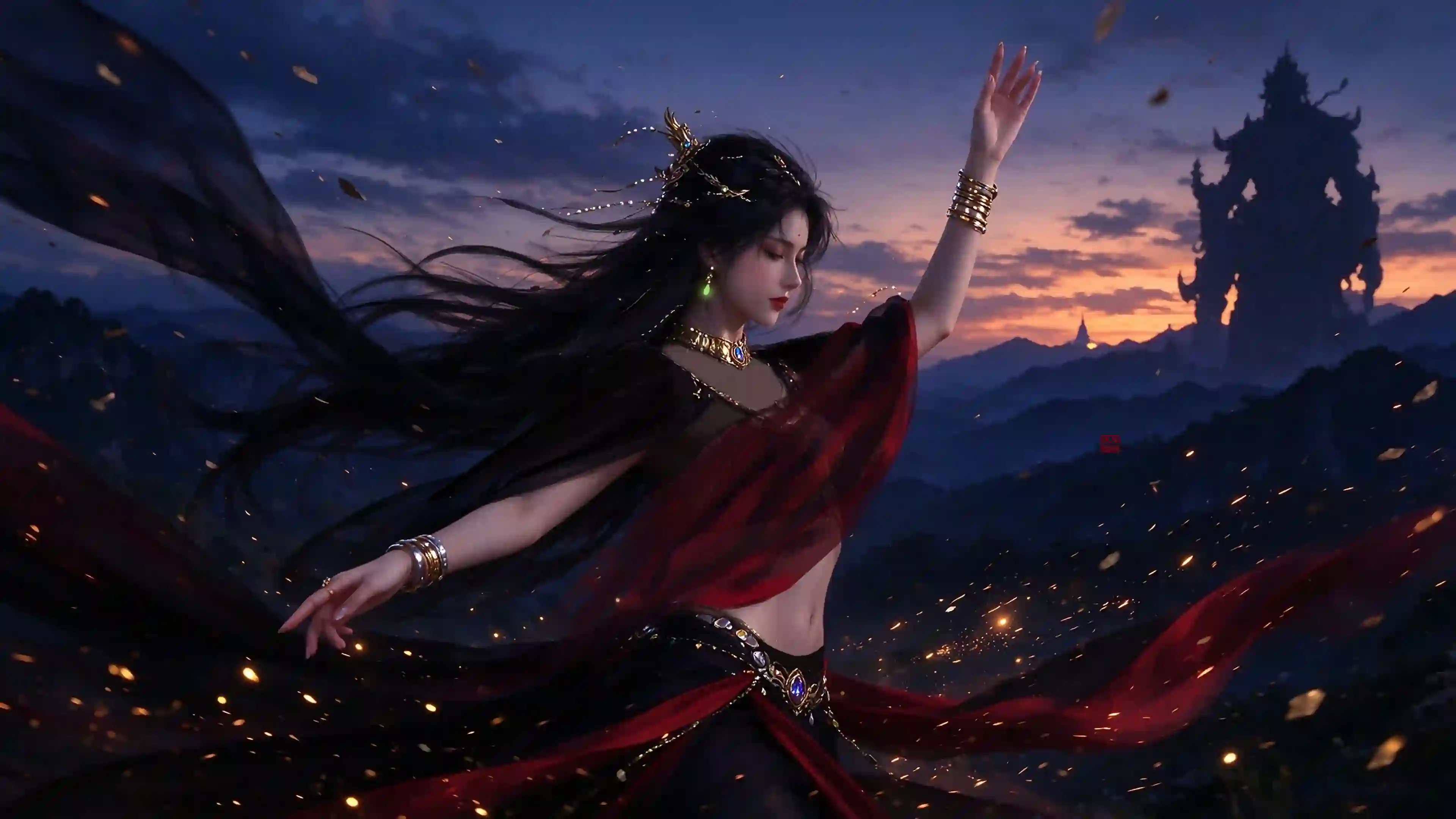 仙侠 古风美女 晚霞 红衣舞者 山景 3D角色