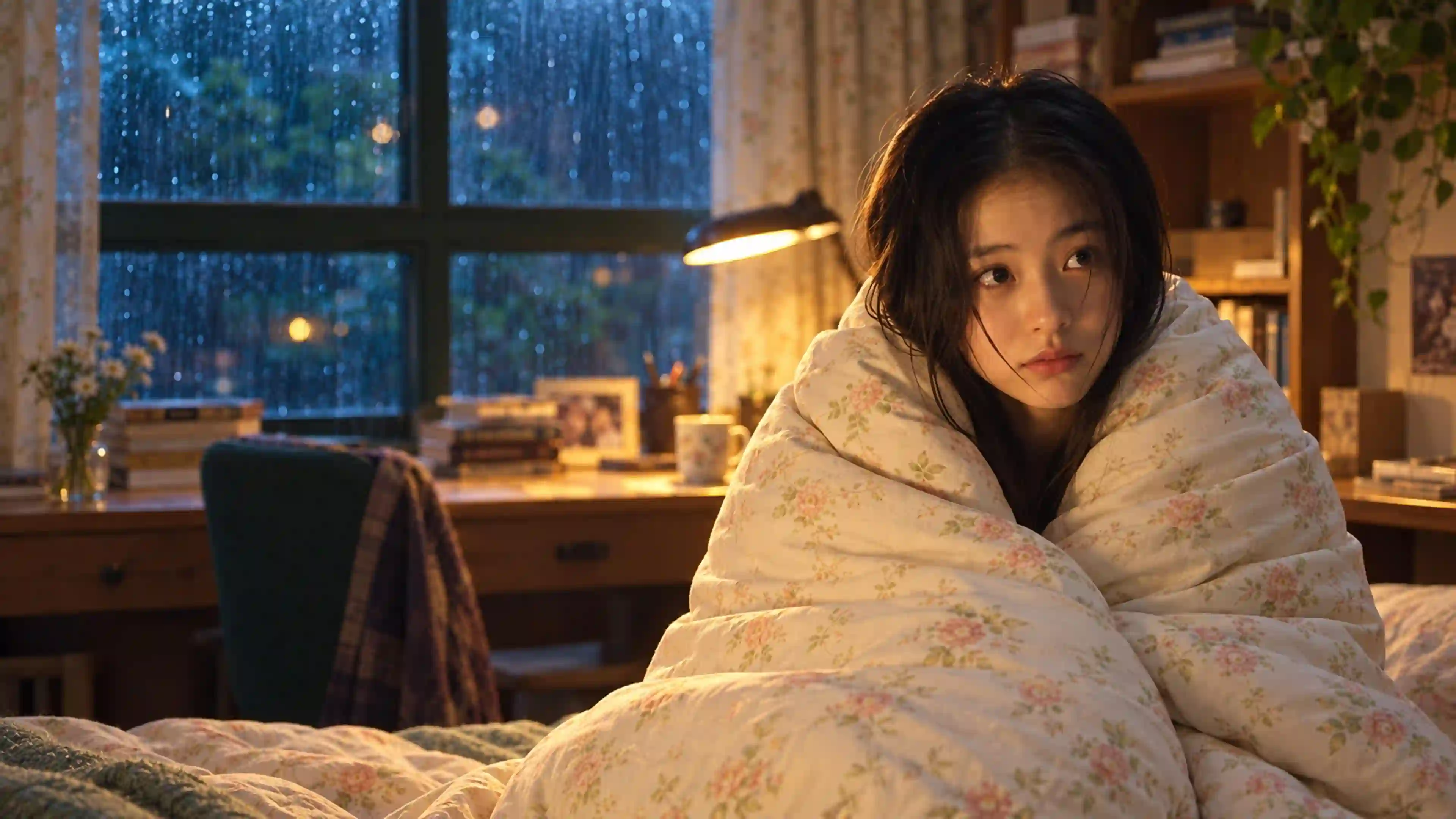 女孩 被子 雨天 台灯 温暖 室内 氛围