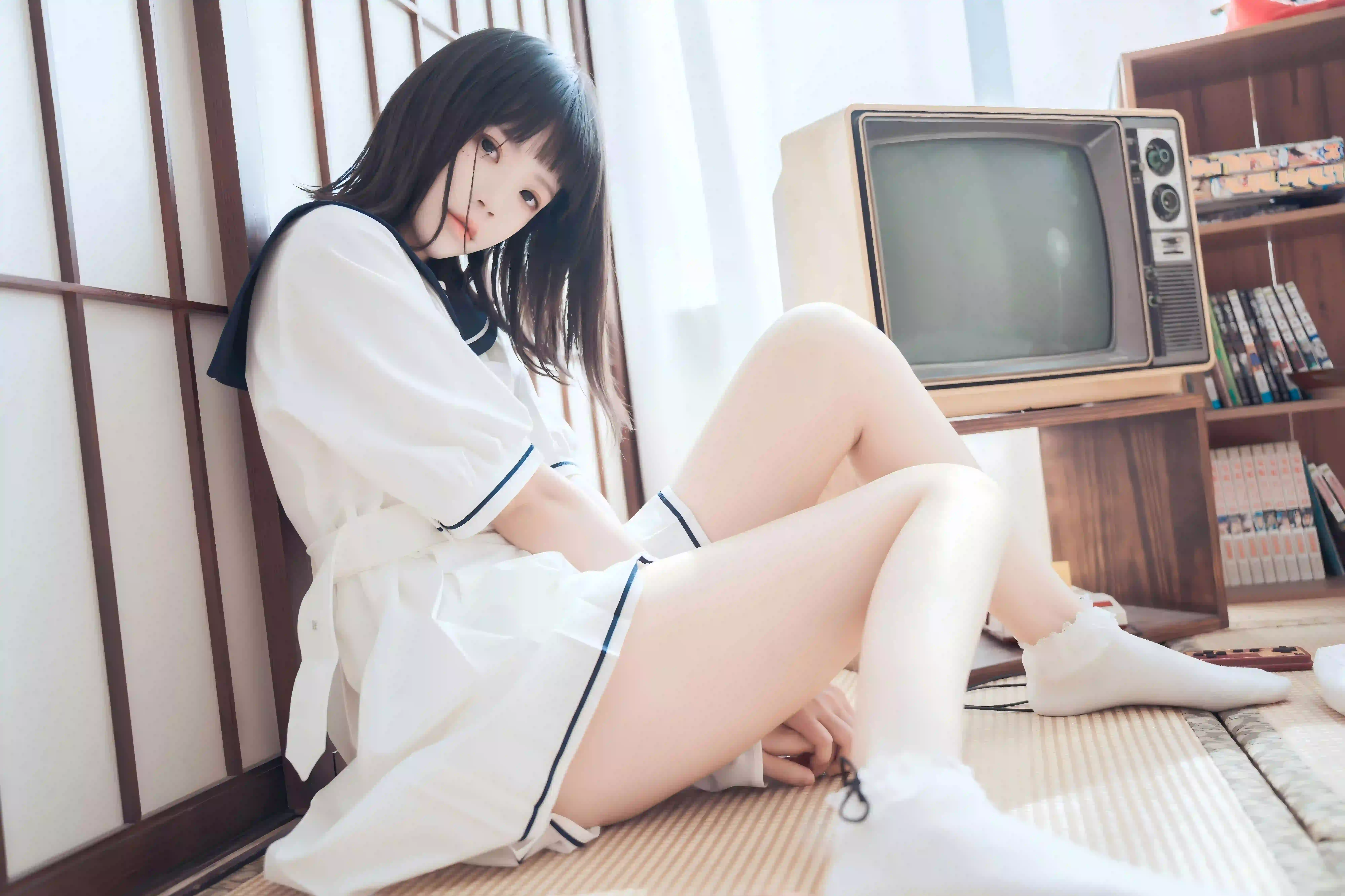 jk美女 清纯美女 长腿美女 白色jk裙 美腿
