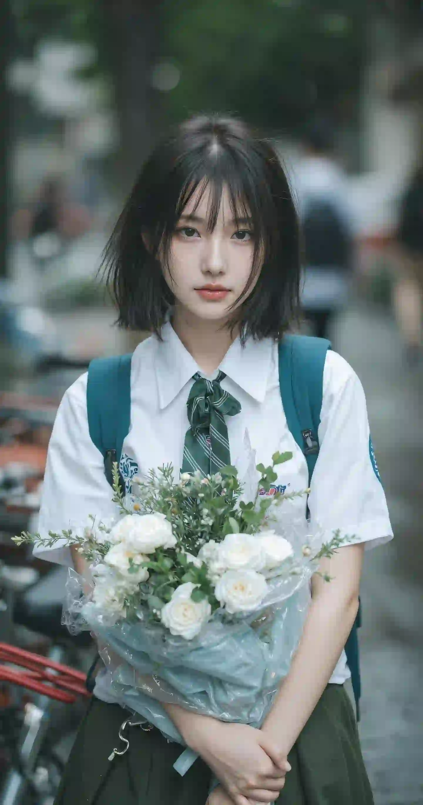 手捧鲜花 jk穿搭 户外 短发 白色花朵 白衬衫