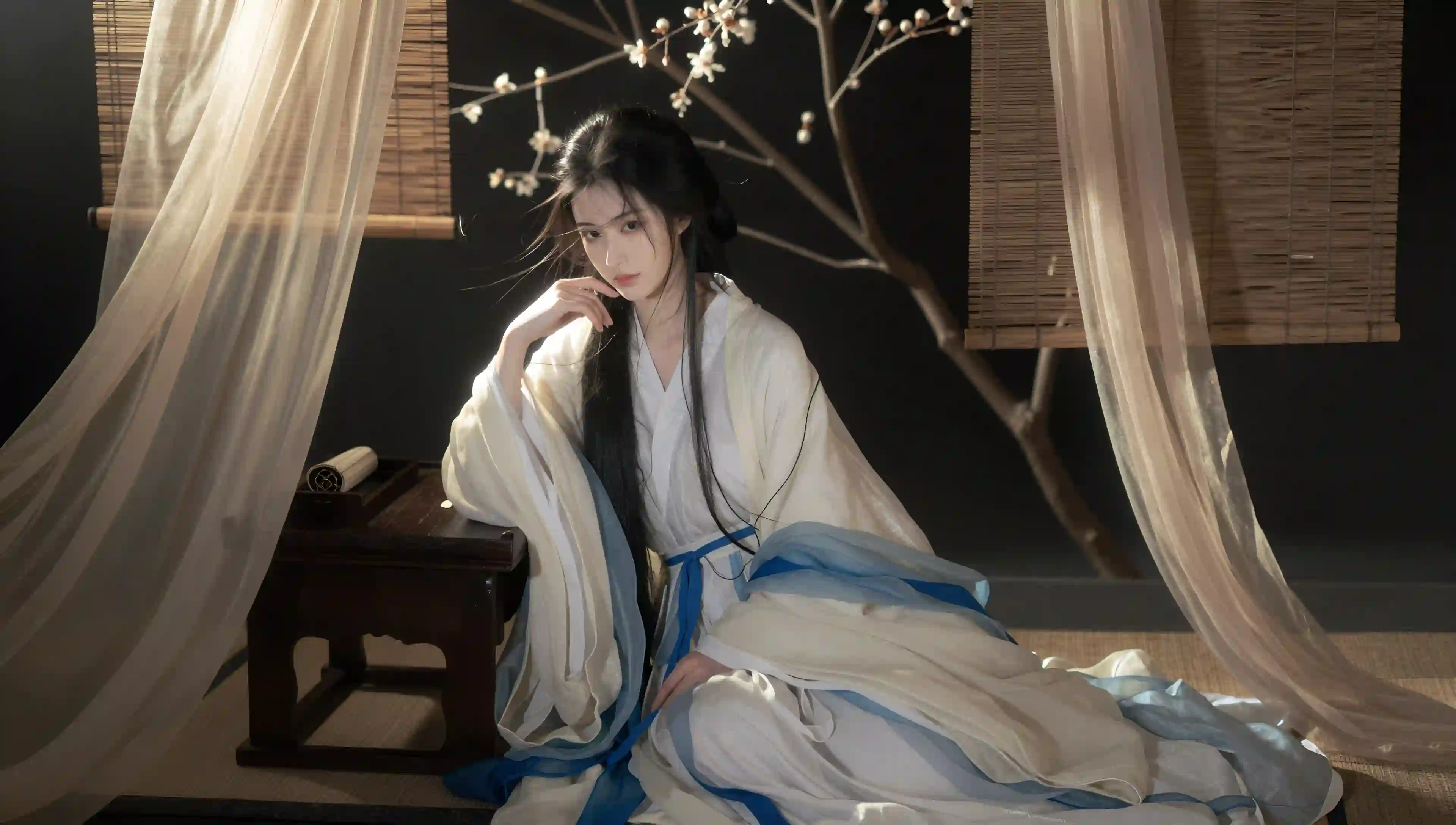 白衣汉服 古风女子 纱幔 竹帘 室内写真