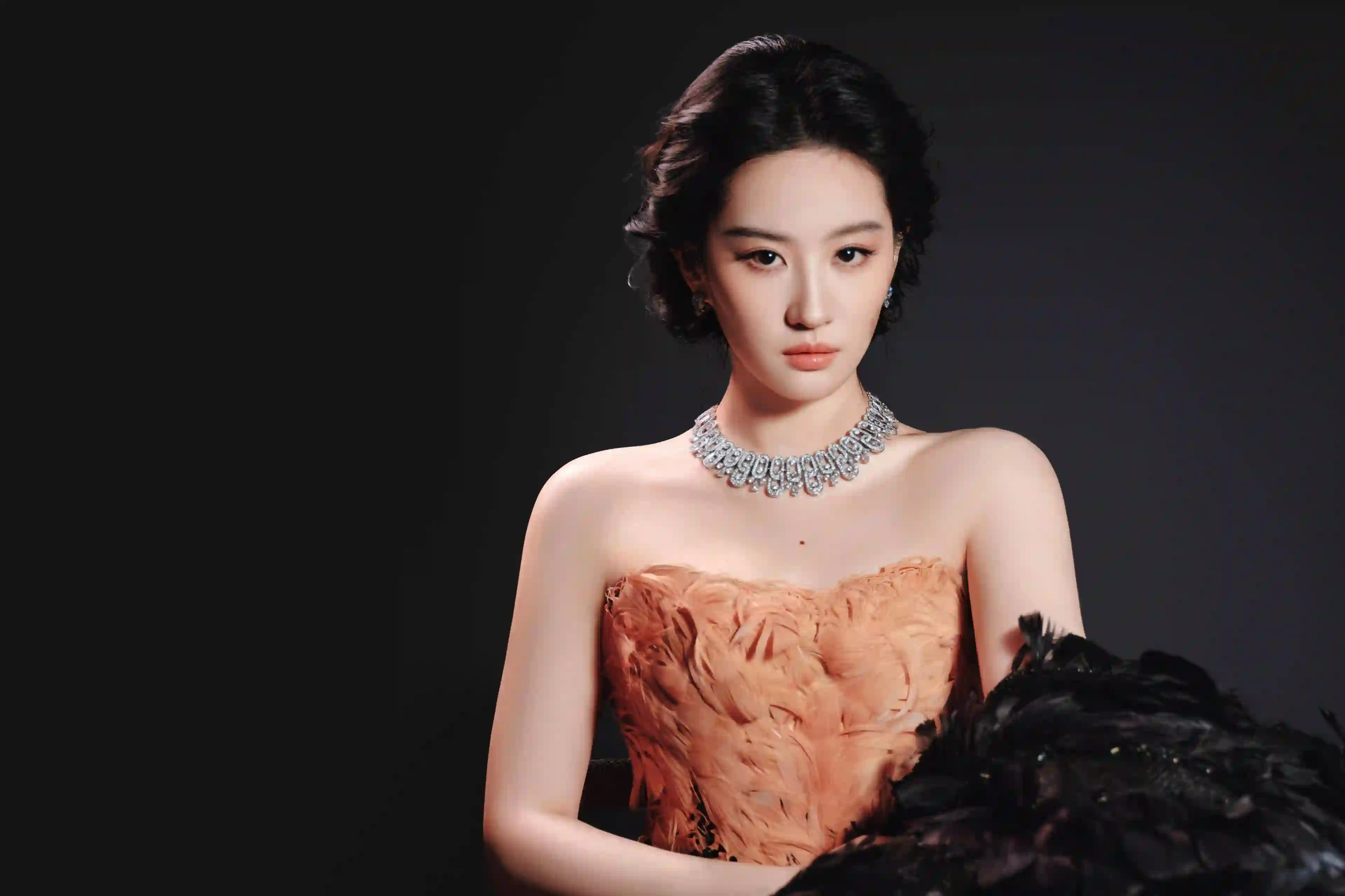 刘亦菲 明星 写真 羽毛礼服 珠宝项链 黑色背景 时尚摄影 高冷女神