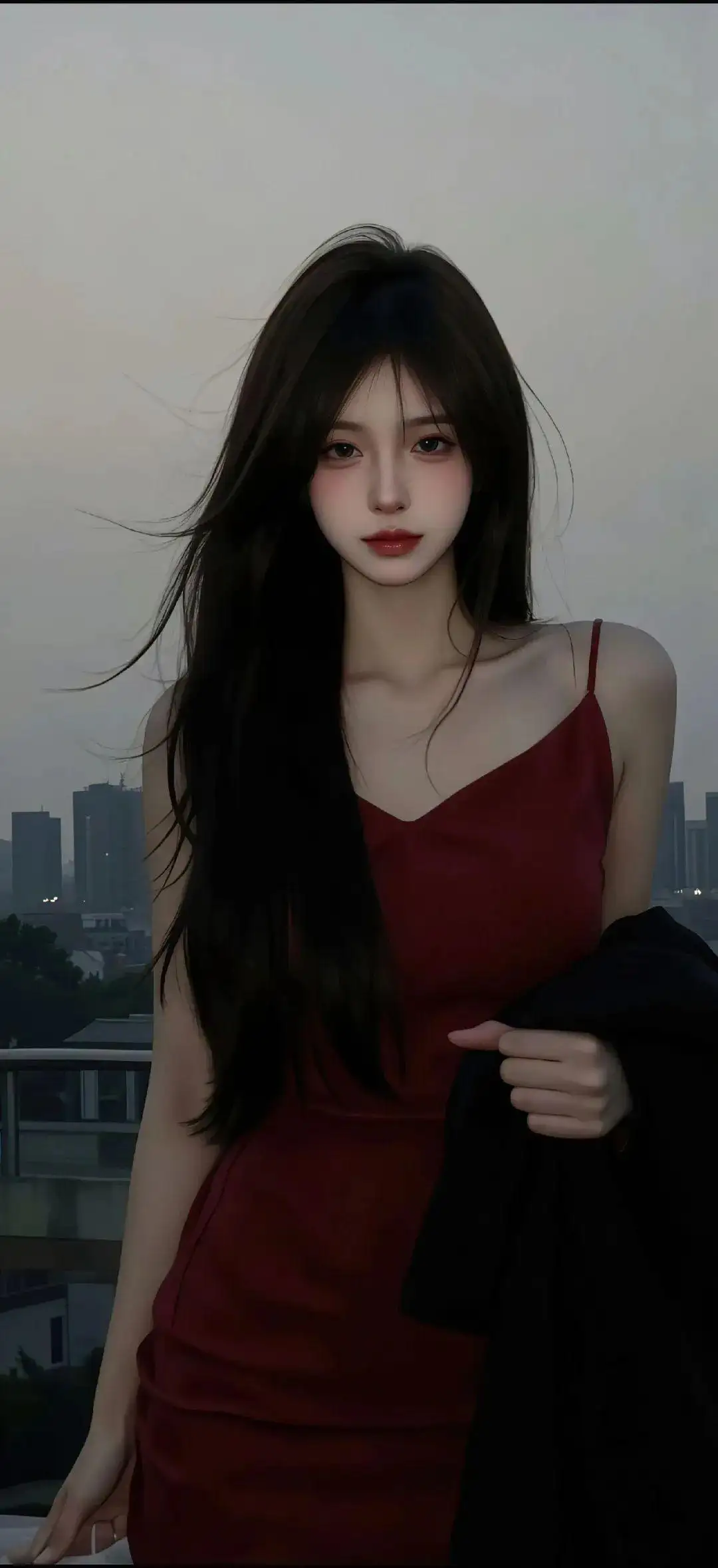 长发红色吊带裙性感美女