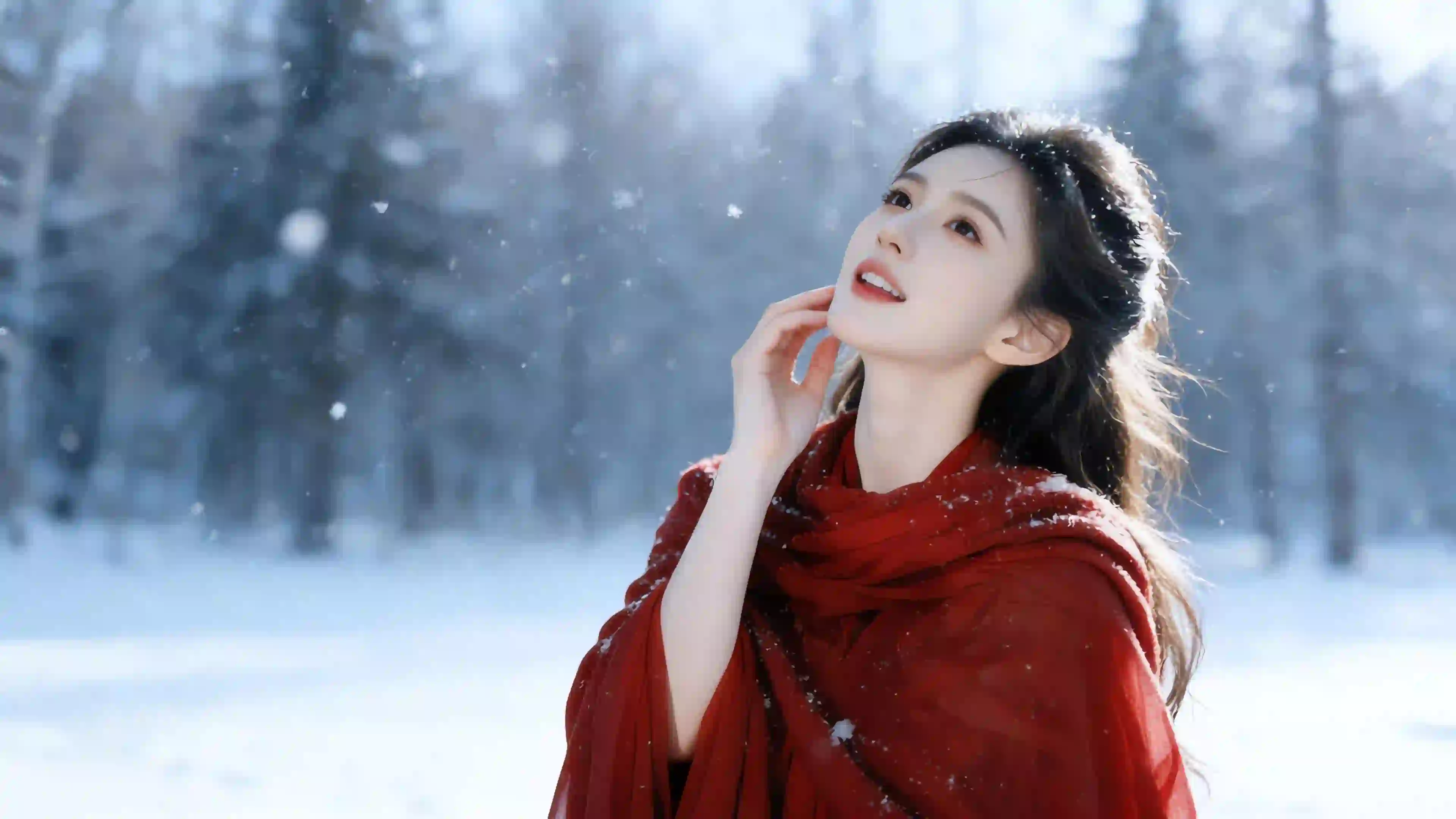 冬日雪景红衣美女抬头仰望 雪地 2