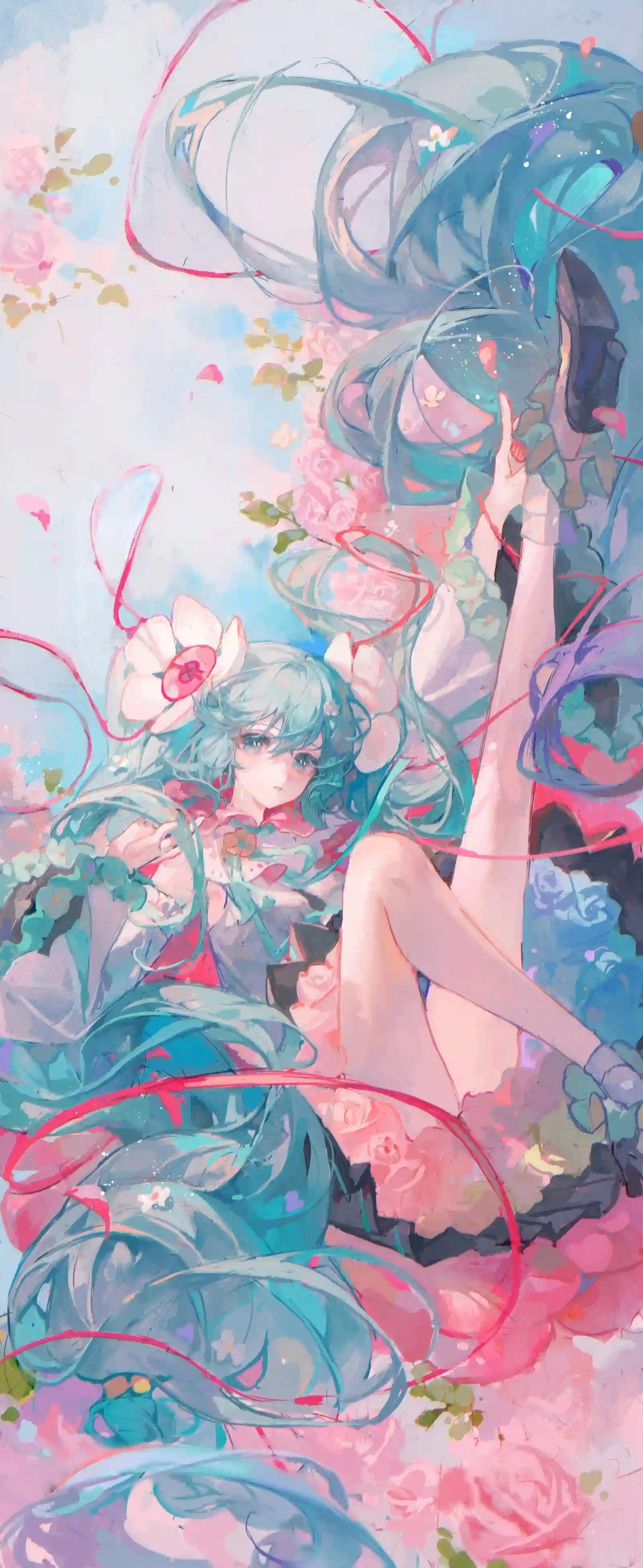 初音未来 长腿 动漫 二次元 蓝色头发 花