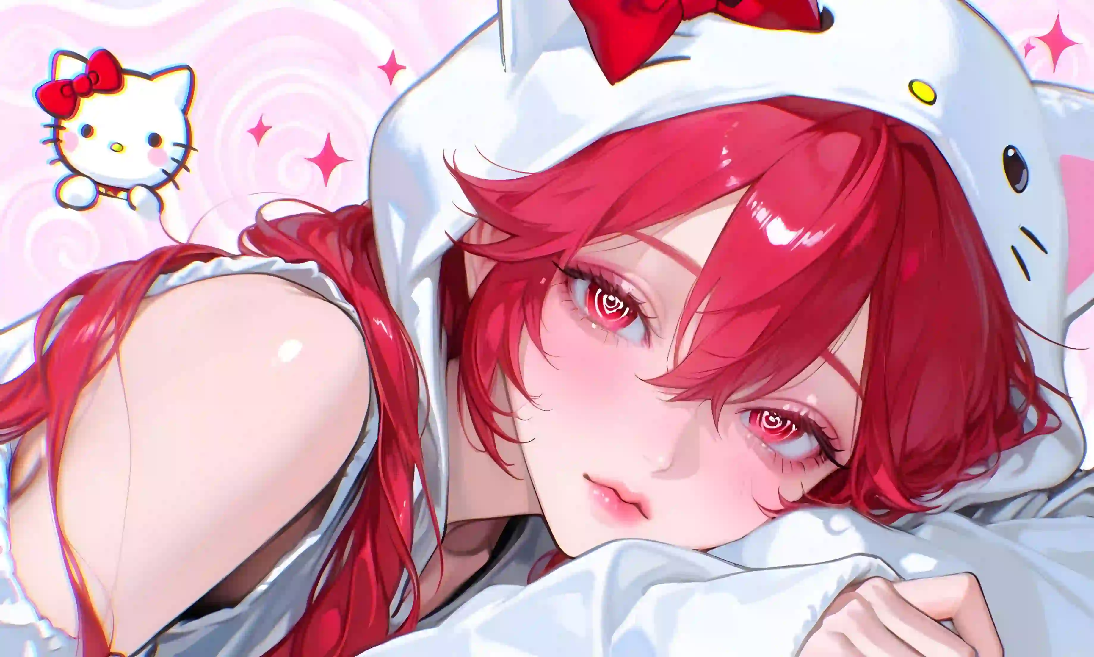 红发少女 Hello Kitty连帽装 二次元唯美插画