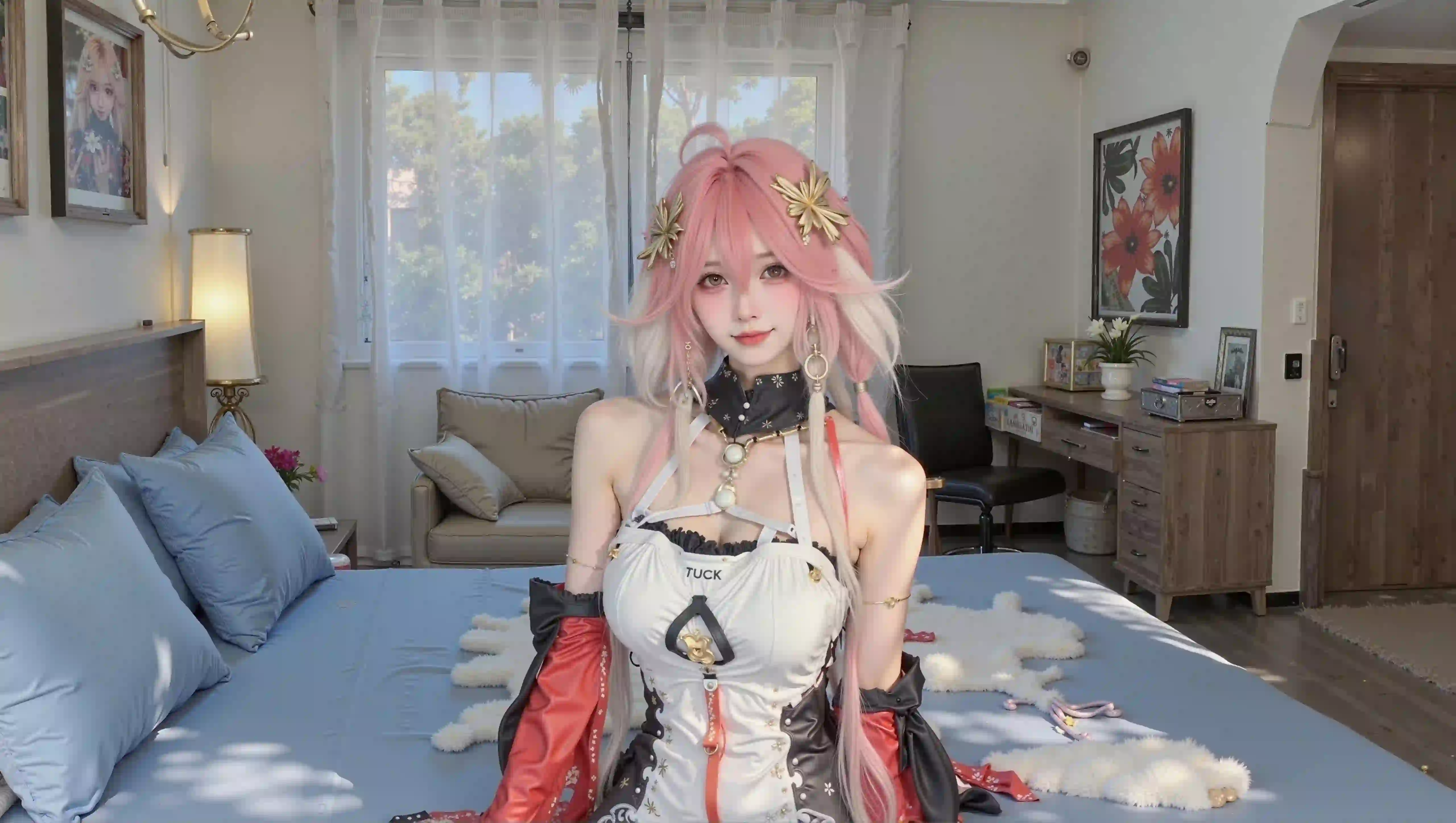 Coser 长发美女 游戏角色cos 八重神子 居家场景