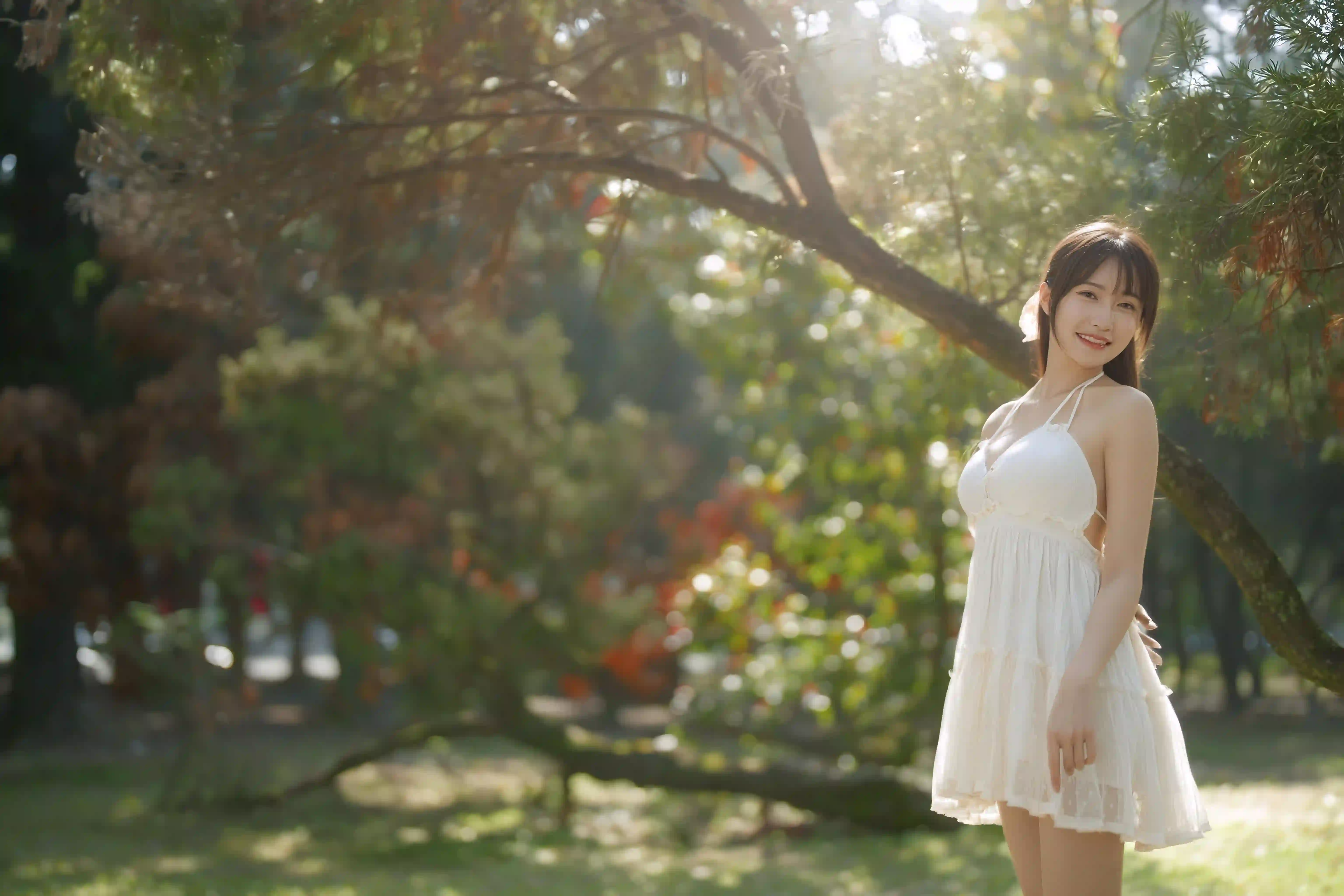 美女 户外 白色长裙 
