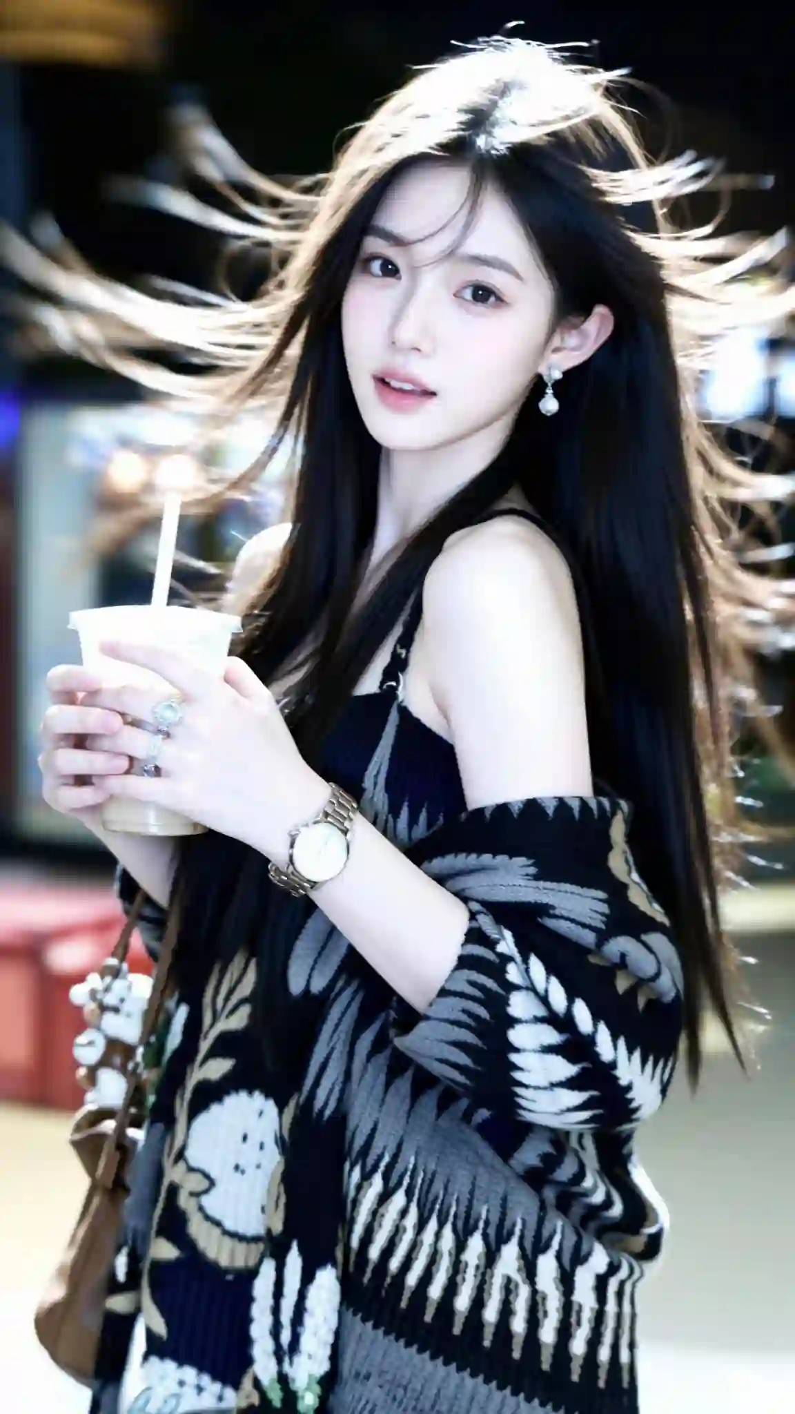 长发美女 格子外套 清纯 奶茶