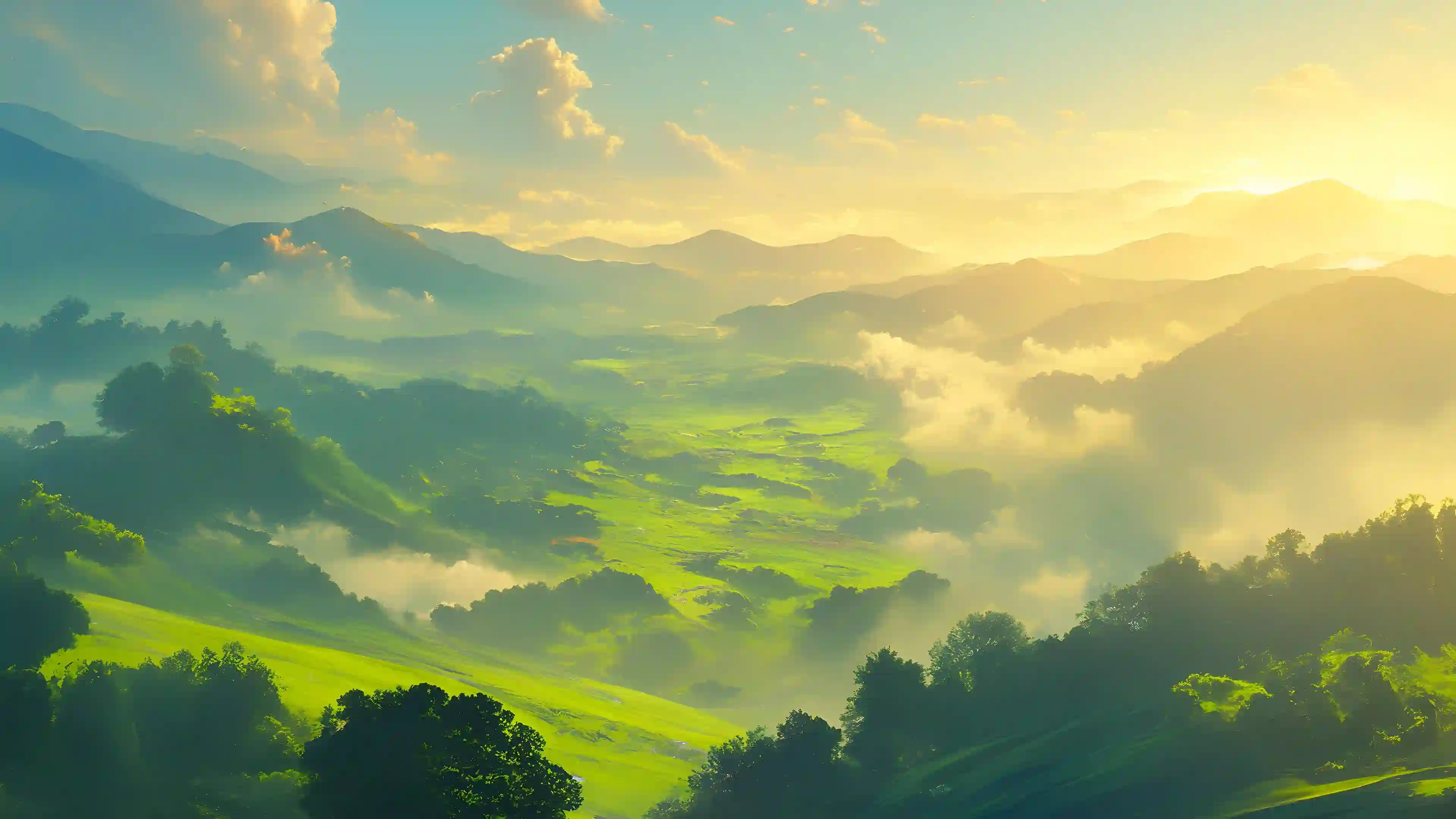 晨光 山谷 绿色草原 云雾 梦幻风景 壁纸