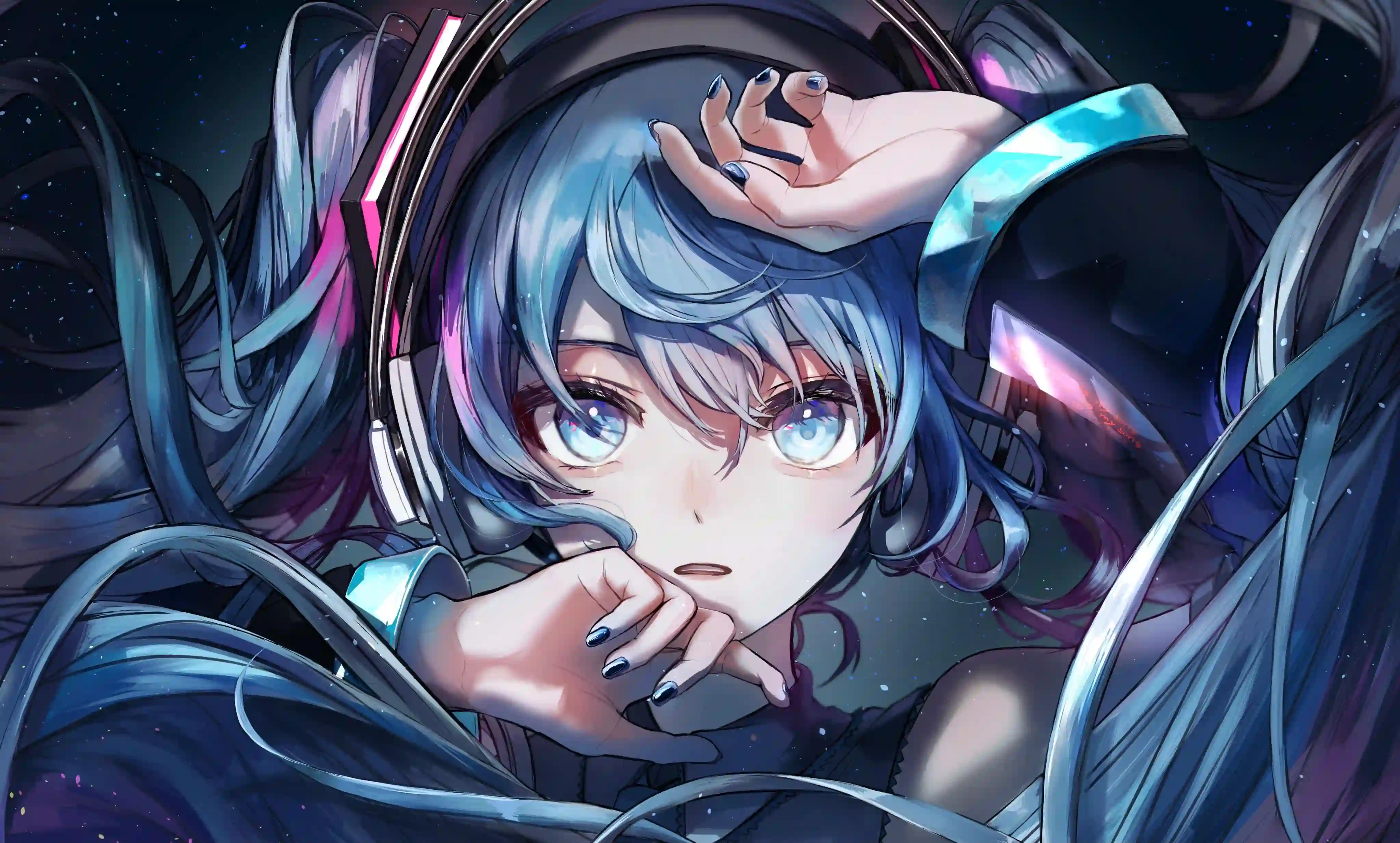 动漫女孩 二次元 双马尾女孩 初音未来 蓝色头发 可爱 氛围