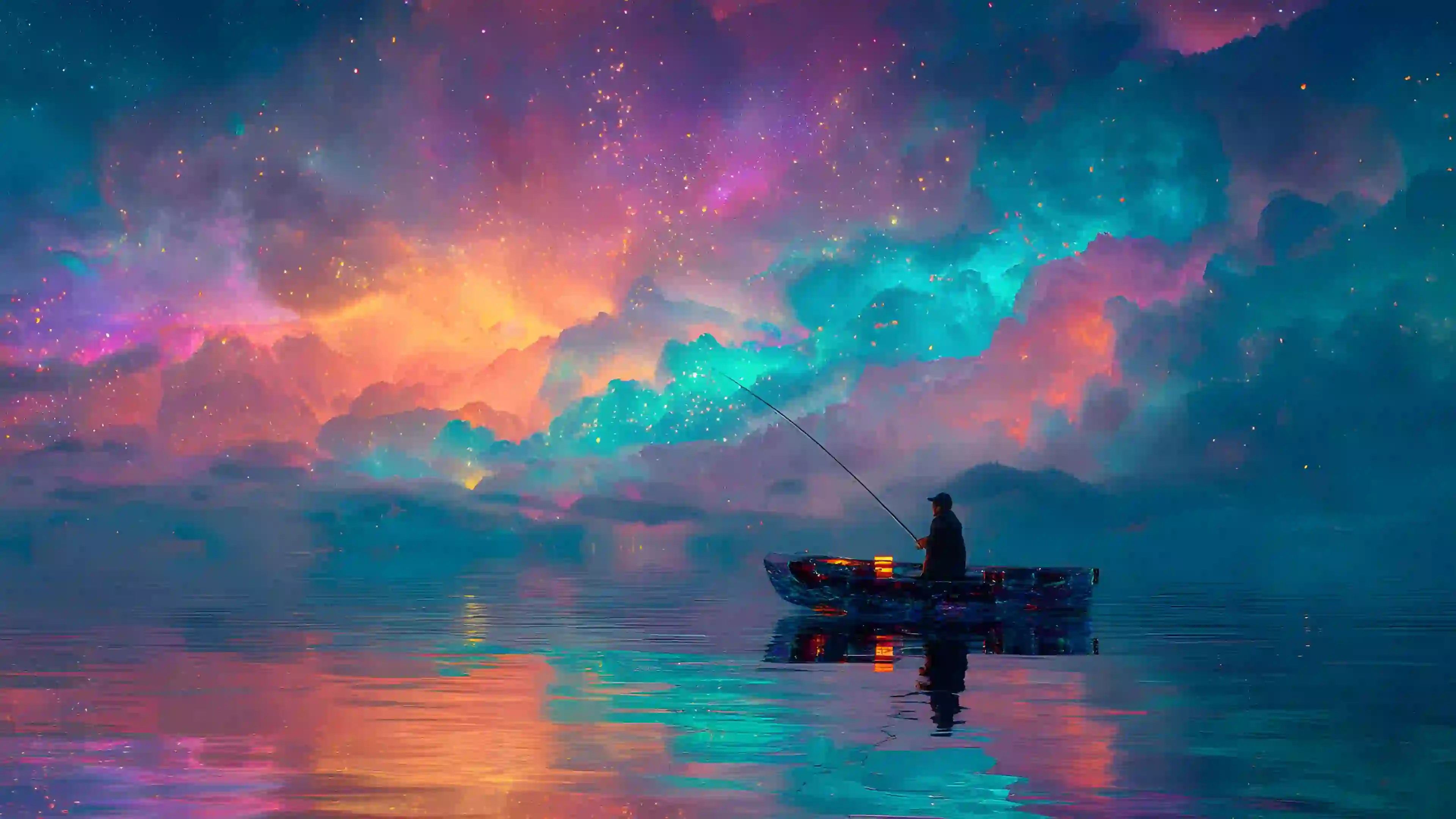 炫彩天空 独舟 平静的湖水