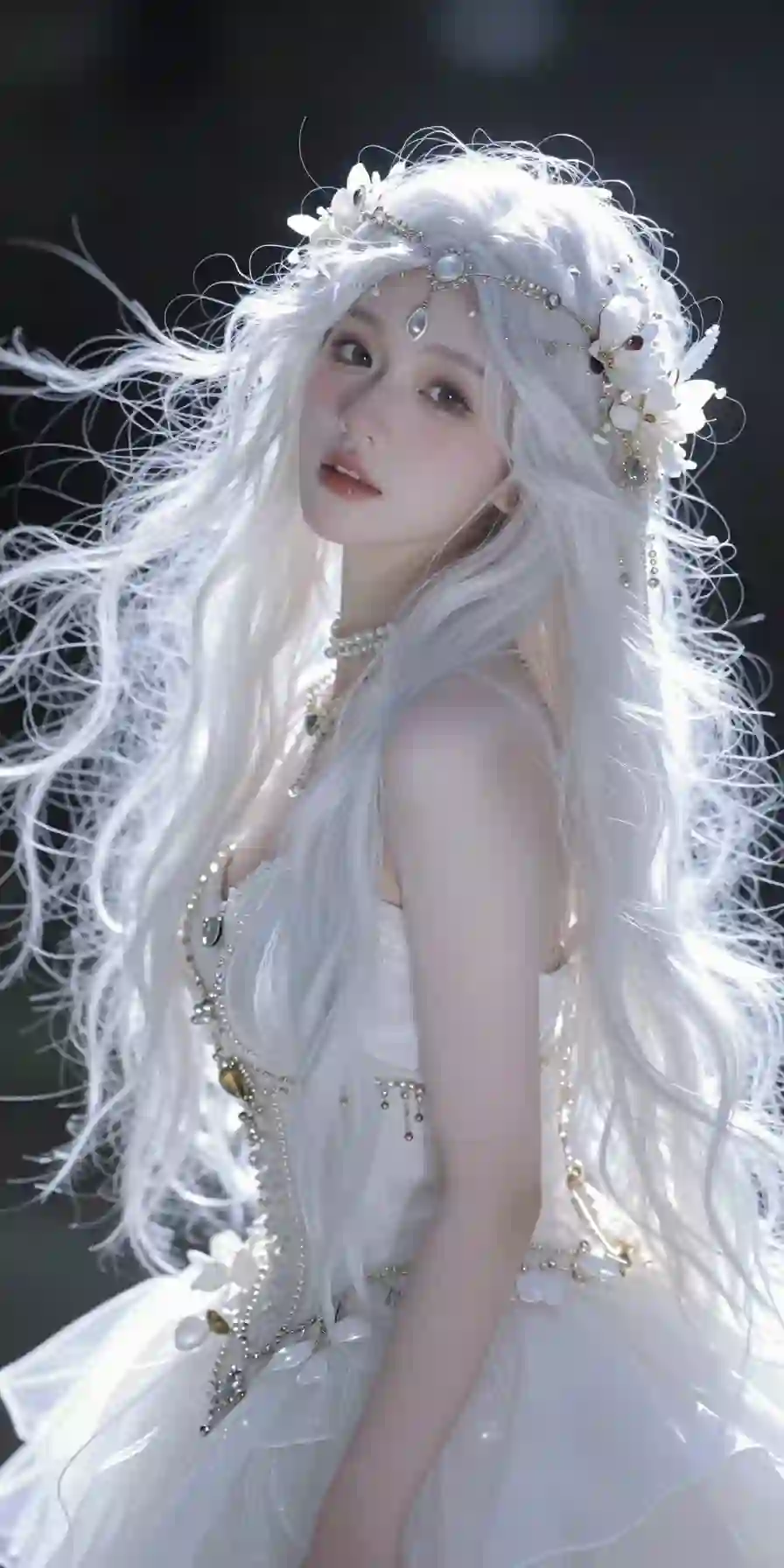 长发美女 Ai美女 白色长裙 梦幻 清纯美女 白色长发