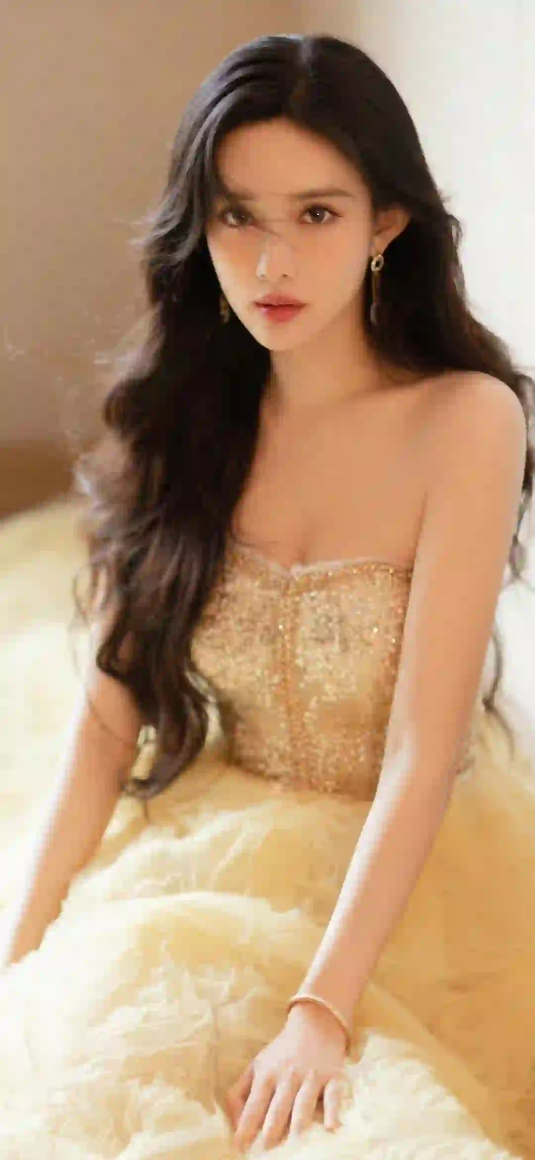 长发性感美女 明星美女 孟子义 黄色抹胸长裙